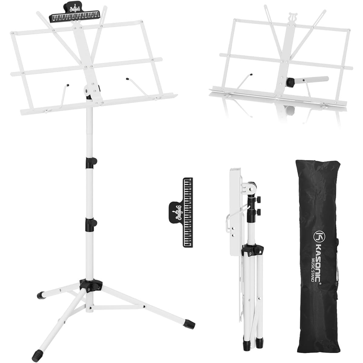 K KASONIC - Music Stand 2-in-1 Dual Use Folding Music Score & Desktop Book Stand Portable Lightweight with Music Clip Holder & Carry Bag Perfect for Musical Instrument Playing White