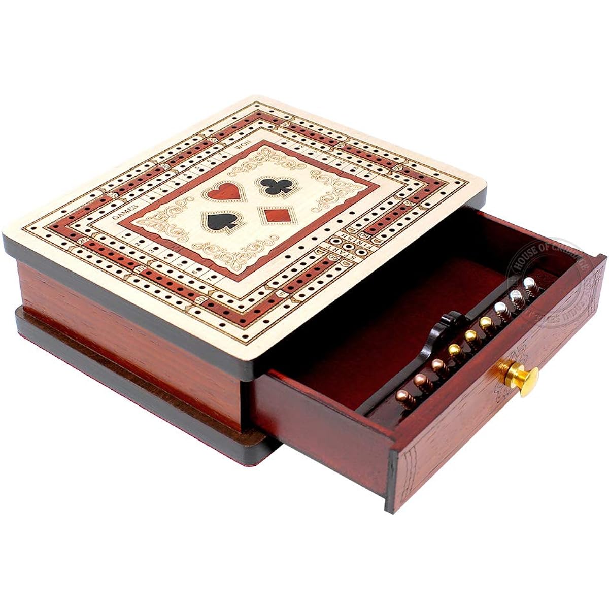 House of Cribbage - 3 Track - 60 Point Non-Continuous Travel Cribbage Board with Maple Wood/Bloodwood Inlay - Size: 6" x 5" - Storage Drawer for Cribbage Pegs & Playing Cards