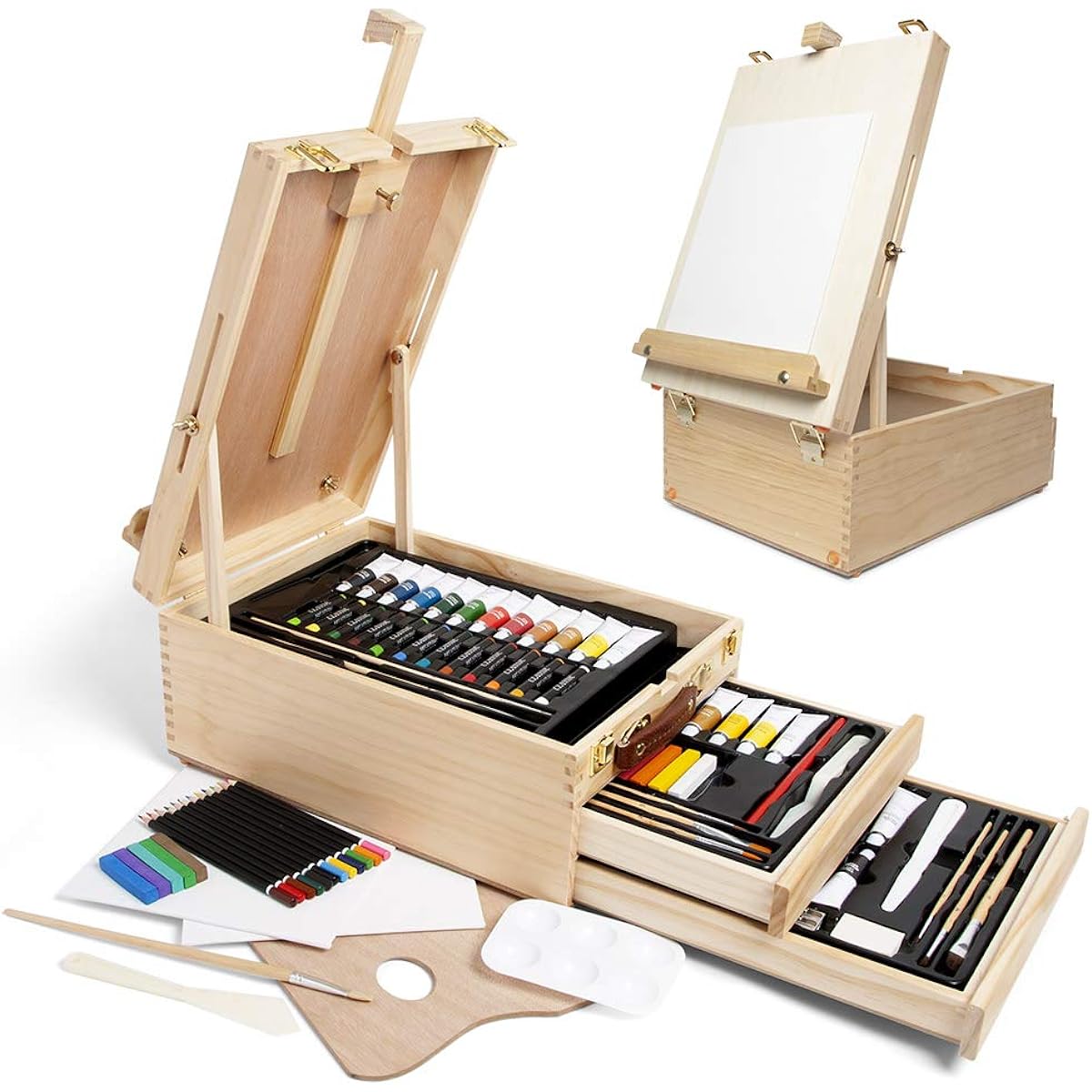 Adjustable Wooden Table Sketch Box Easel - Portable 3 Drawer Wooden Artist Easel for Sketching and Painting with Desktop Storage, Solid Beech Wood