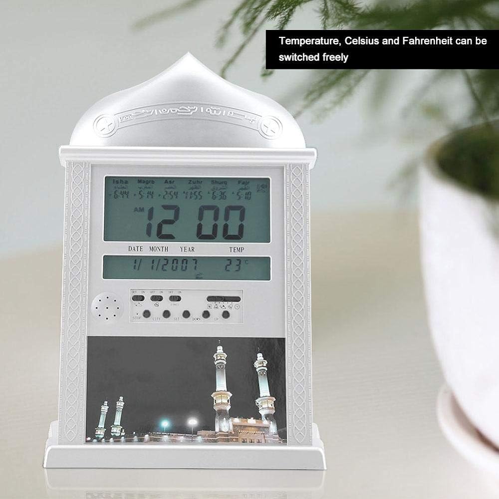 Muslim Alarm Clock, Muslim Islamic Prayer Clock Azan Prayer Alarm Digital Azan Table Clock Silver Battery Excluded Azan Clock