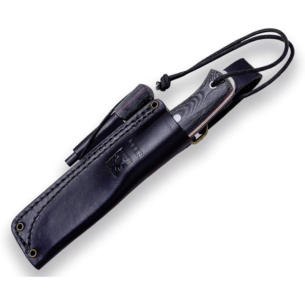 Joker Bushcraft Knife Ember F CM123-P, Black Leather Sheath, 4.13" Blade, Micarta Canvas Handle, Fire Starter and Paracord 550, Fishing, Hunting, Camping, Hiking Tool