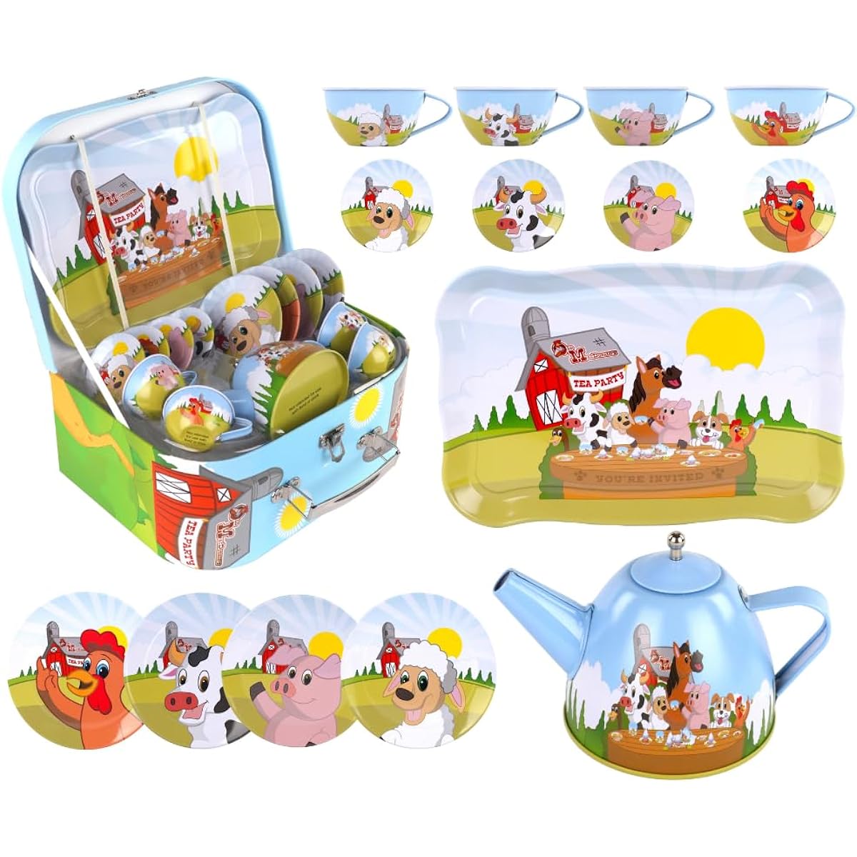 Regal Games - Old MacDonald's Tea Time - Kids Tea Party Set - Barnyard Animals Design - Includes 4 Teacups, 4 Saucers, 1 Teapot, 1 Platter and Storage Case - Ages 5+