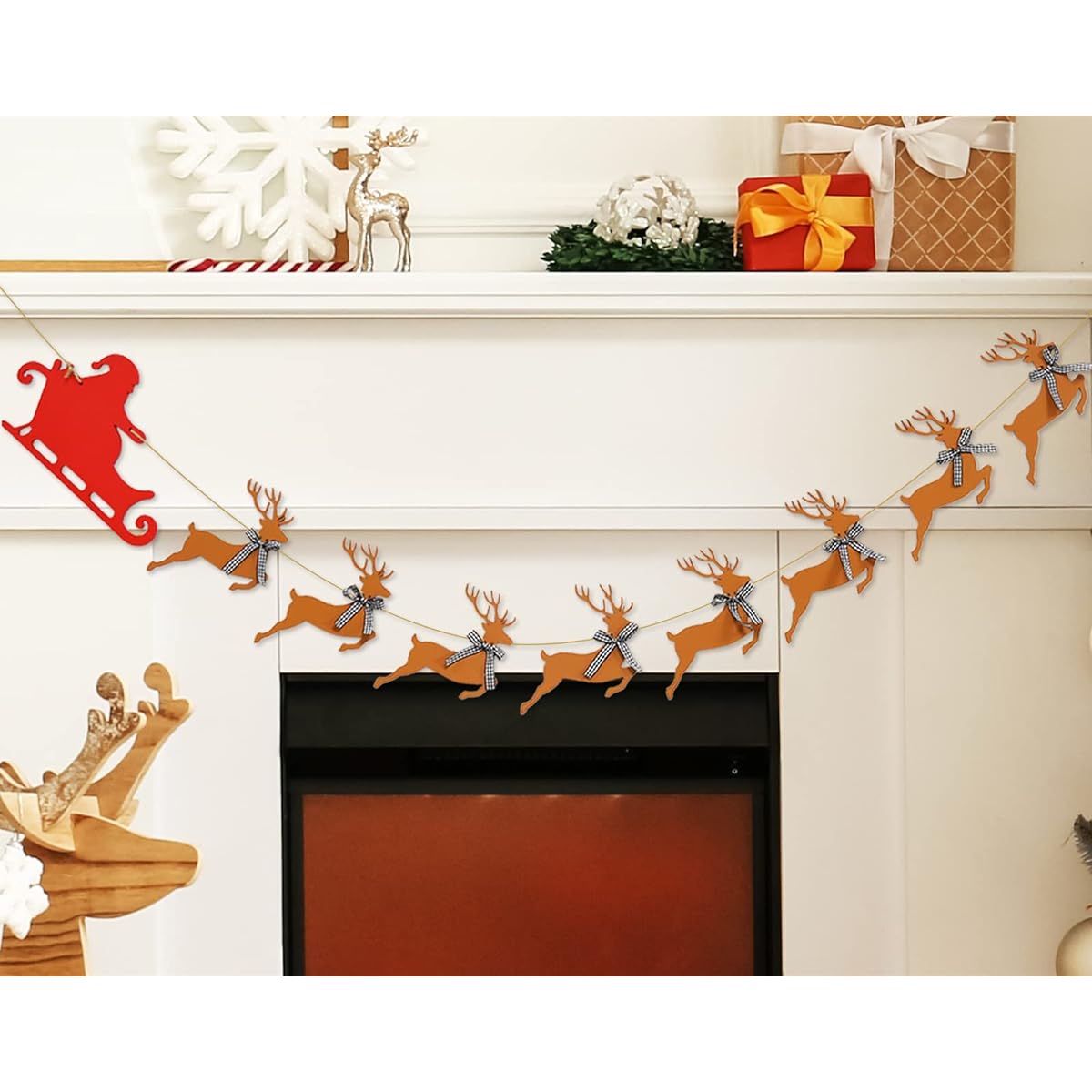 Whaline Wooden Christmas Banner, Santa Sleigh and Reindeer Wood Banner Pre-Assembled Rustic Banner Garland Sign Celebration Hanging Decorations Christmas Party Supplies Home Decoration
