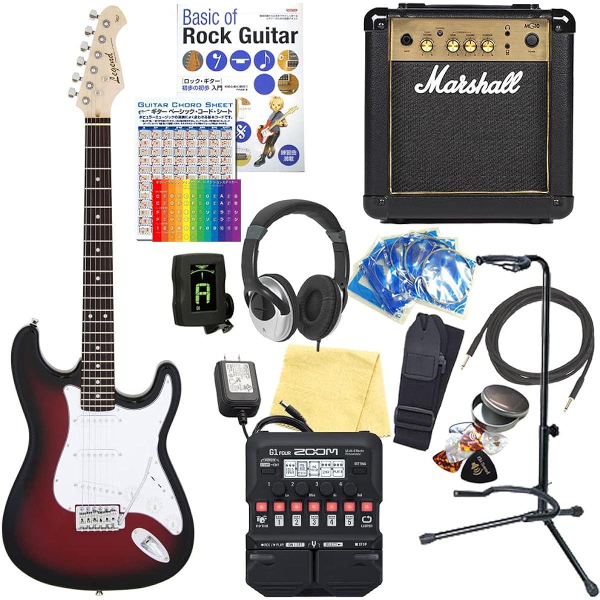 Electric guitar beginner set Stratocaster type 18-piece set with Marshall amp Legend LST-Z RBS [ZOOM G1Four multi-effector included]