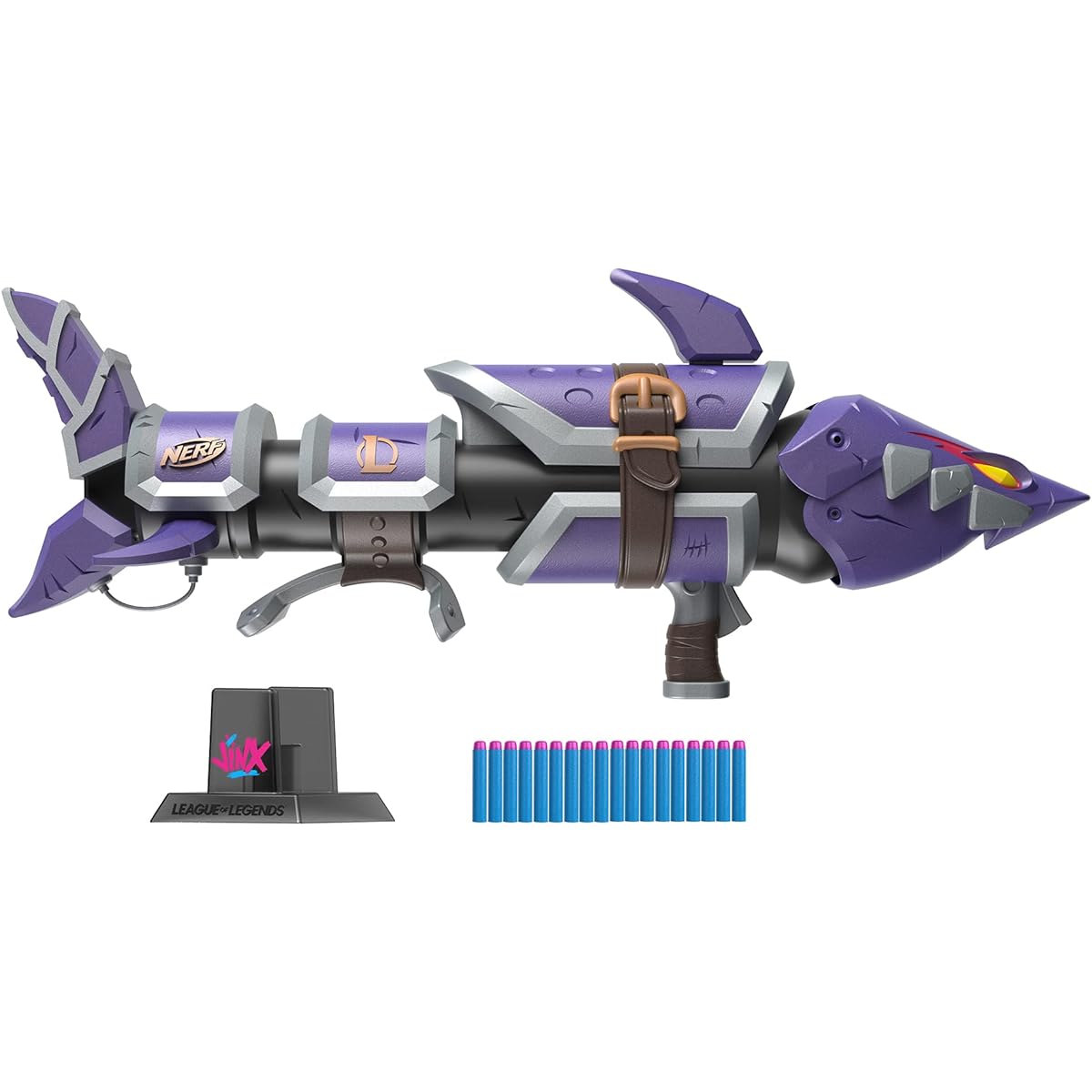 NERF LMTD League of Legends Jinx Fishbones Blaster 18 Dart Drum 18 Elite Darts 3 Dart Burst Display Stand