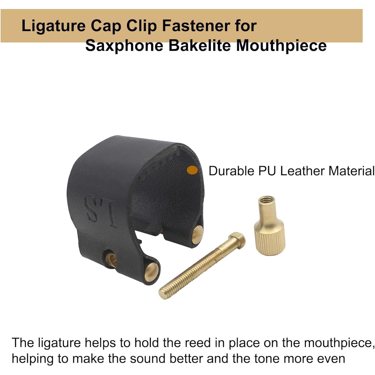 PU Leather Alto Saxophone Ligature Clip Fastener with Saxophone Mouthpiece Plastic Cap for Alto Saxophone