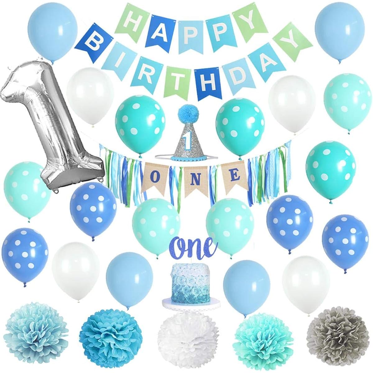 VIDAL CRAFTS 1st Birthday Boy Decorations Happy Bday Bunting Highchair Burlap Banner Tissue Pom Poms Balloons Cake Topper Party Hat First Birthday Supplies