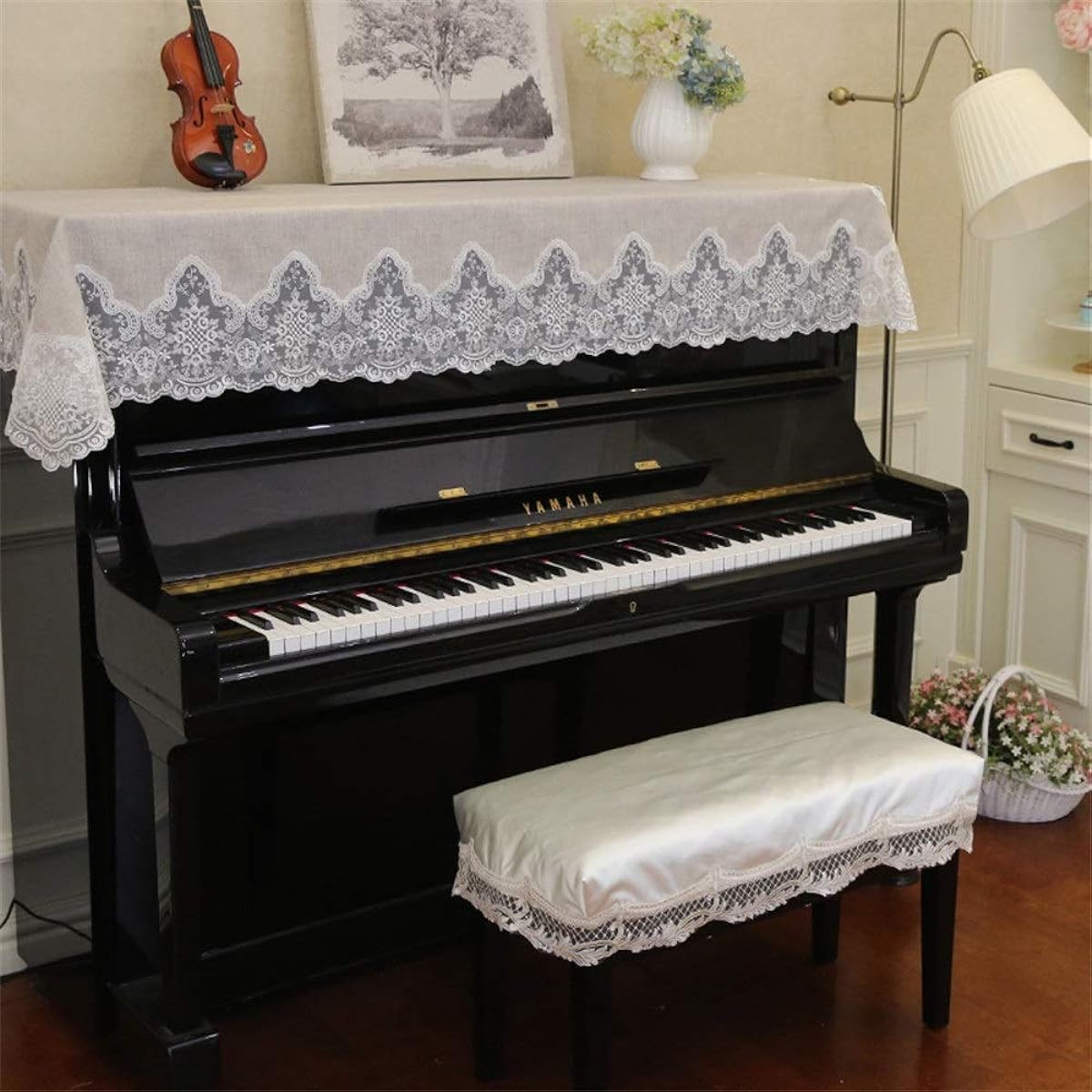 Digital Piano Dust Cover Linen Piano Lace Dustproof Half Cover Cloth Strip Dustproof Clean for Universal Piano (Color: B, Size: Free size)