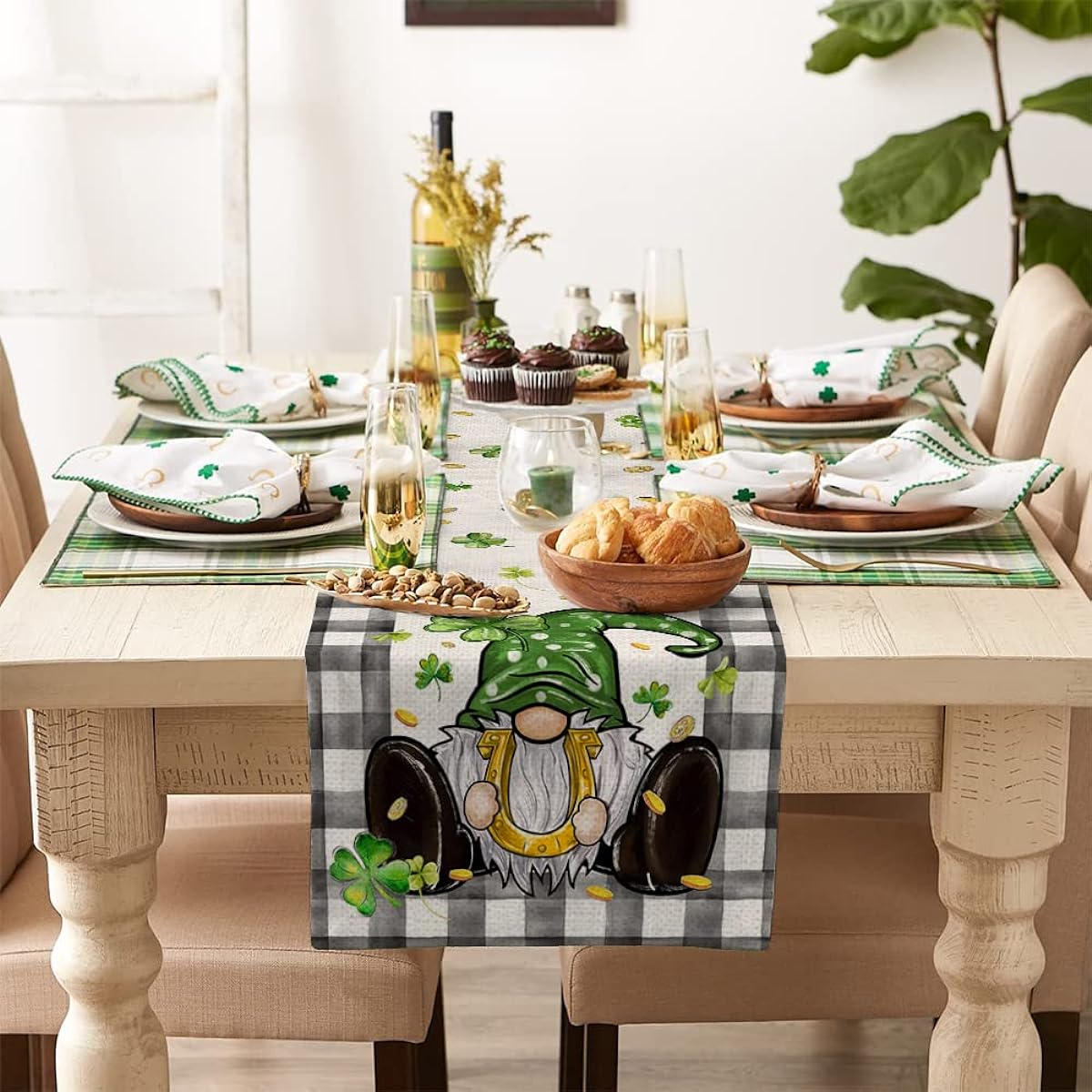 ARKENY St. Patrick's Day Lucky Green Shamrock Table Runner 72" Gnome Gold Spring Seasonal Holiday Decor Dining Table Indoor Home Farmhouse Tabletop Decoration AT388