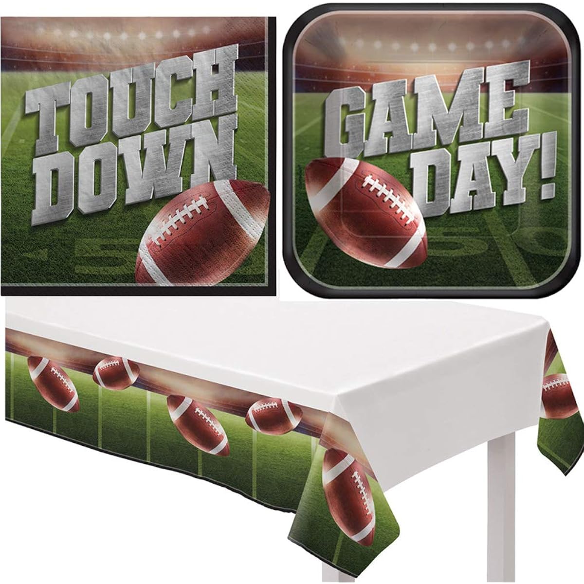 ClassicVariety Go Fight Win Napkins, Plates, Table Cover and Football Party Bundle for 16 Players with 1 Maze Game Activity Card