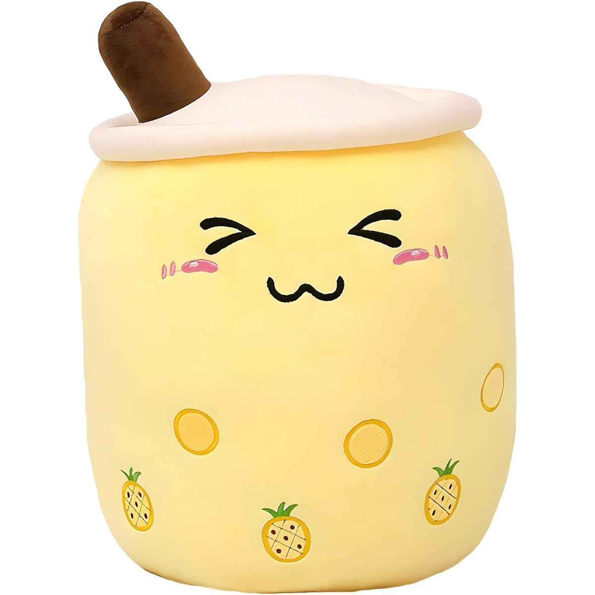 VICKYPOP Cute Bubble Tea Plush Boba Stuffed Animal Food Shape Cushion Cartoon Fruit Milk Tea Gift for Kids (Yellow Eyes Close, 19.6 Inch)