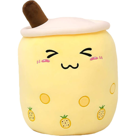 VICKYPOP Cute Bubble Tea Plush Boba Stuffed Animal Food Shape Cushion Cartoon Fruit Milk Tea Gift for Kids (Yellow Eyes Close, 19.6 Inch)