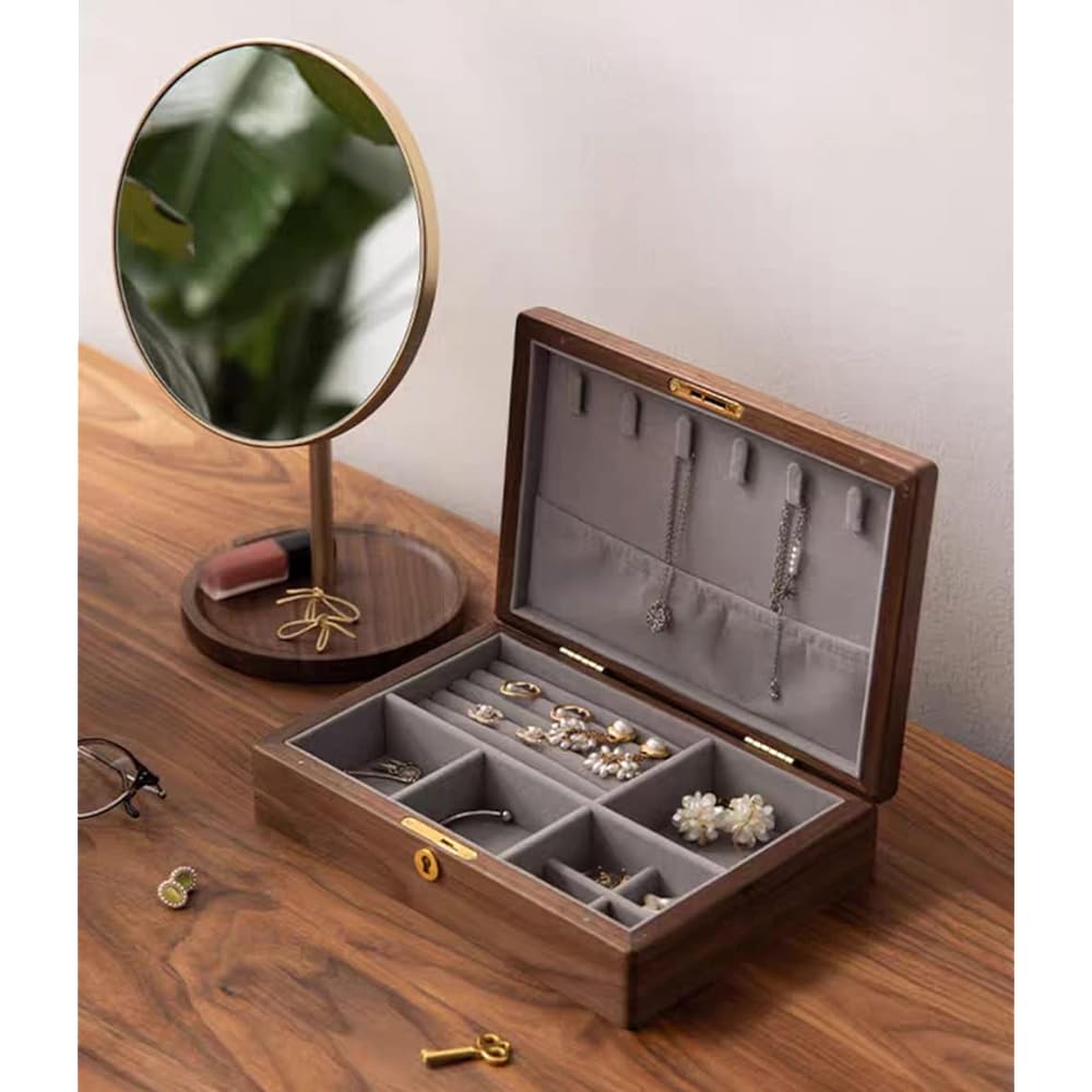 Sakulaya Jewelry Storage Box, Wooden Accessories, Small Items Storage, Earrings, Rings, Storage Case, Walnut Wood (Rectangular - With Lock)