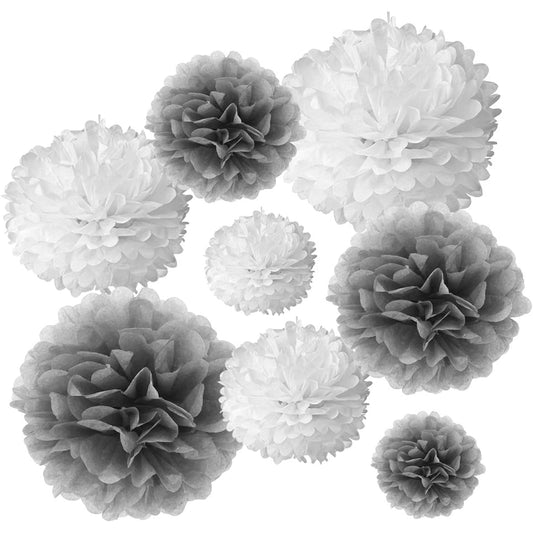 (White & Gray) - Gold Fortune 16PCS Tissue Hanging Paper Pom-poms Flower Ball Wedding Party Outdoor Decoration Tissue Paper Pom Pom Flowers Craft Kit (White & Grey)