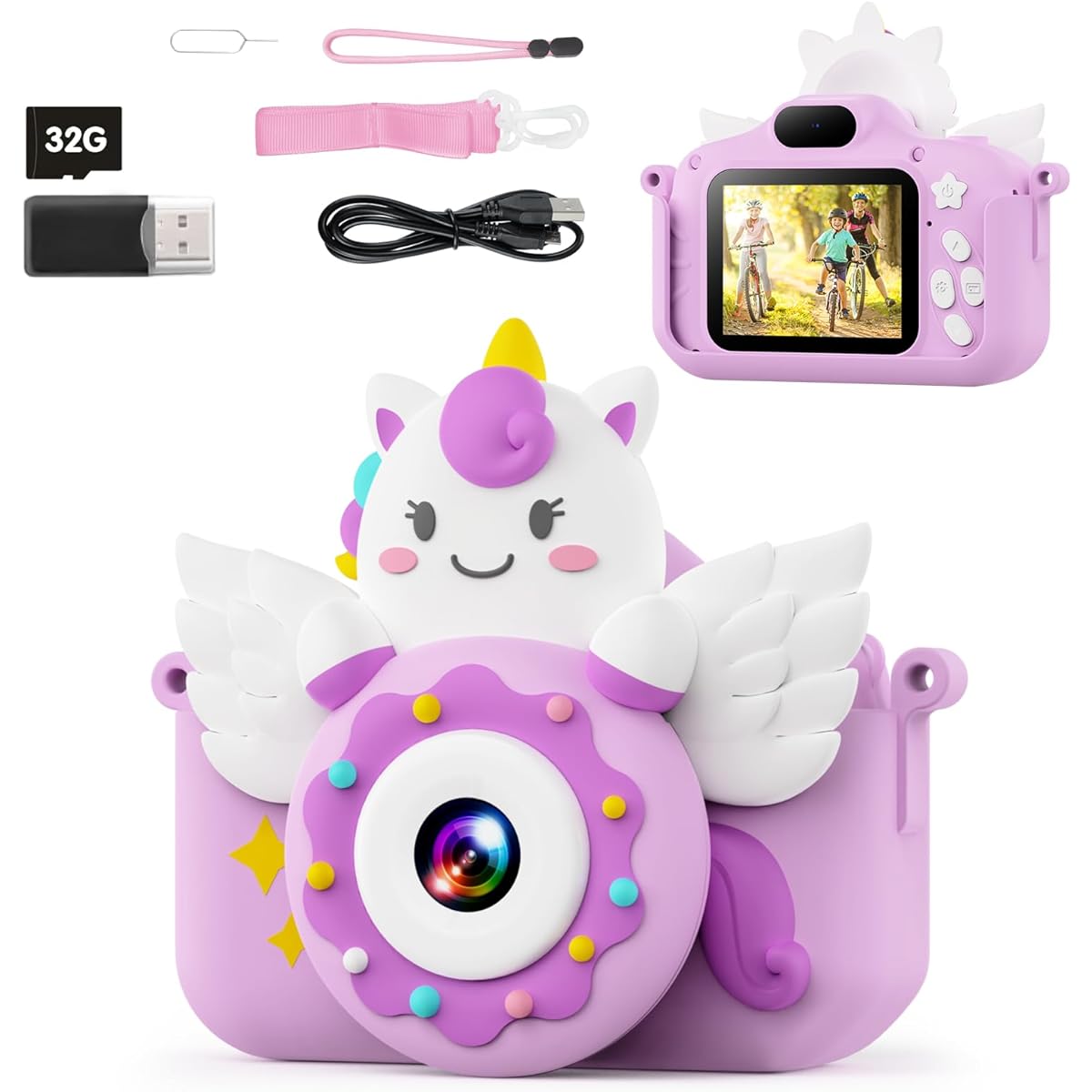 GTTCCG TIATUA Kids Camera for Girls & Boys, Toddler Camera Toys for Age 3-12 Kids with 32GB Card & Dual Lens, Digital Camera for Kids Fun Birthday & Christmas Gifts (Purple)