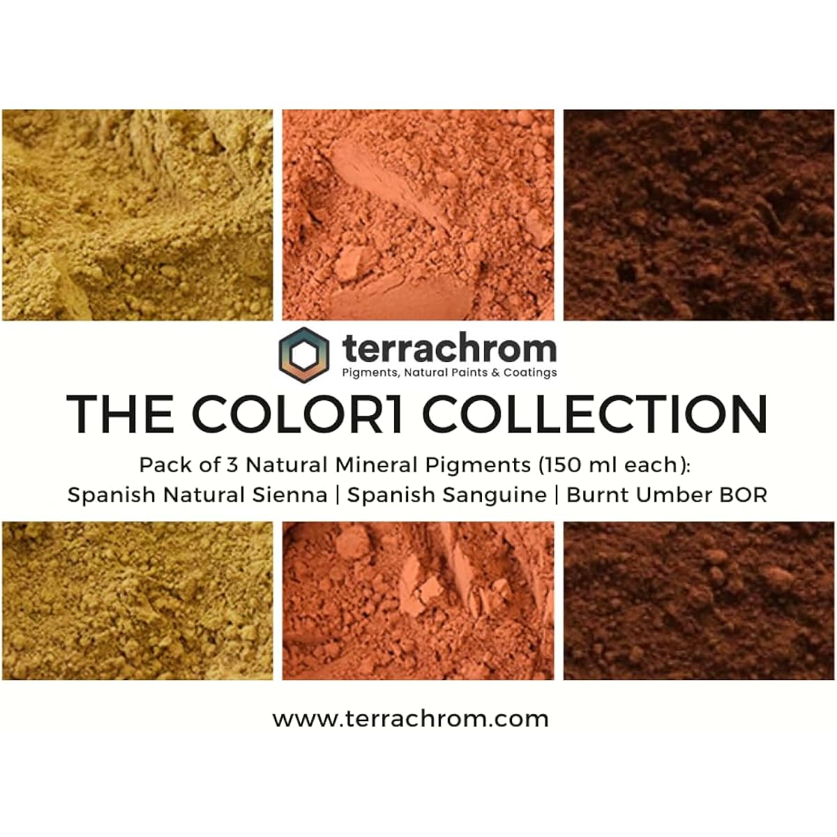 The COLOR1 Collection - Natural Mineral Pigment Pack (150 ml | 5 oz EA): Carpathes Golden Ochre | Rosso Natural| Burnt Umber BOR