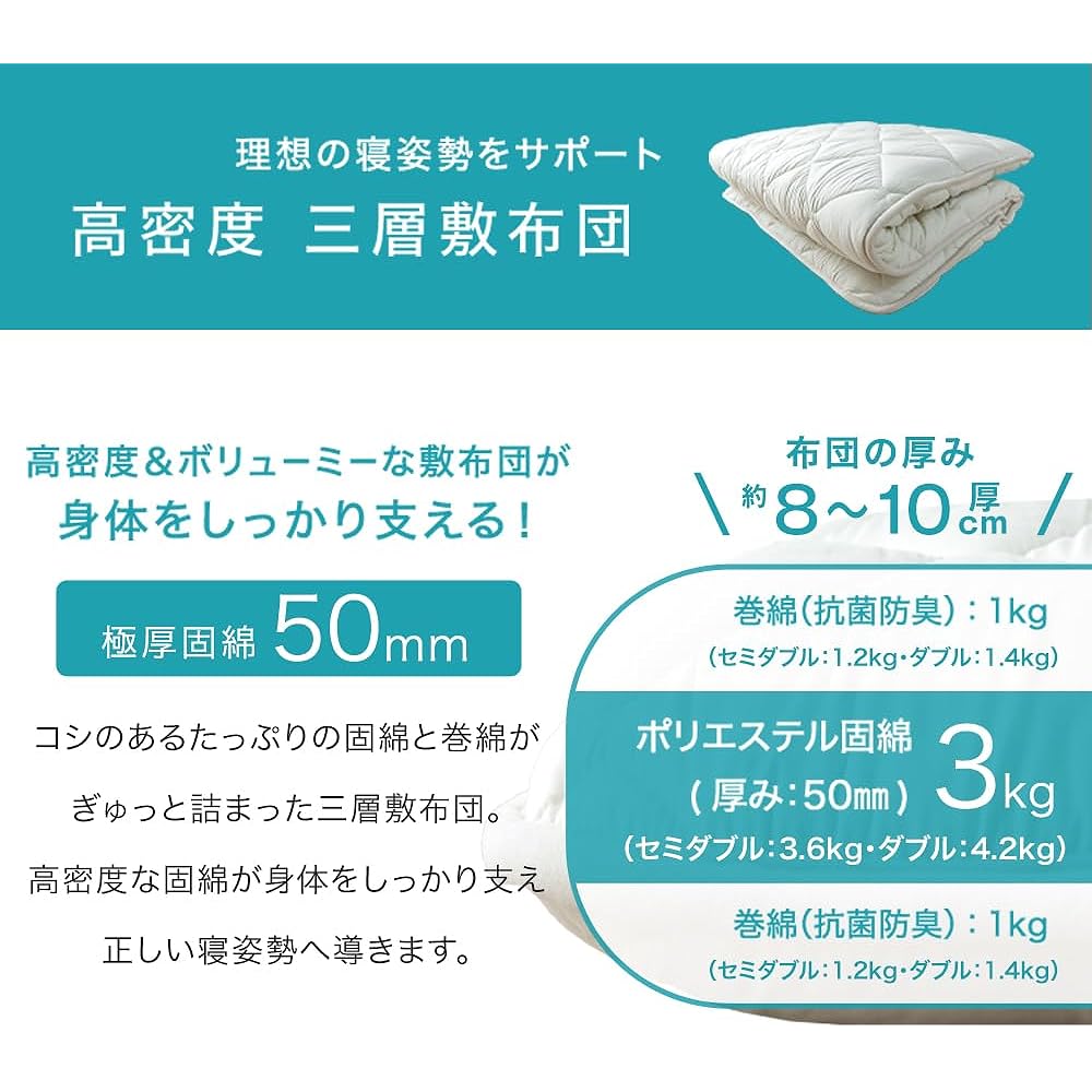 Tansu no Gen Futon Set Single Made in Japan 6 Piece Set with Cover [Ultra High Density! Extra Thick Solid Cotton 50mm] Washable Comforter Mattress 22200024 (76319)