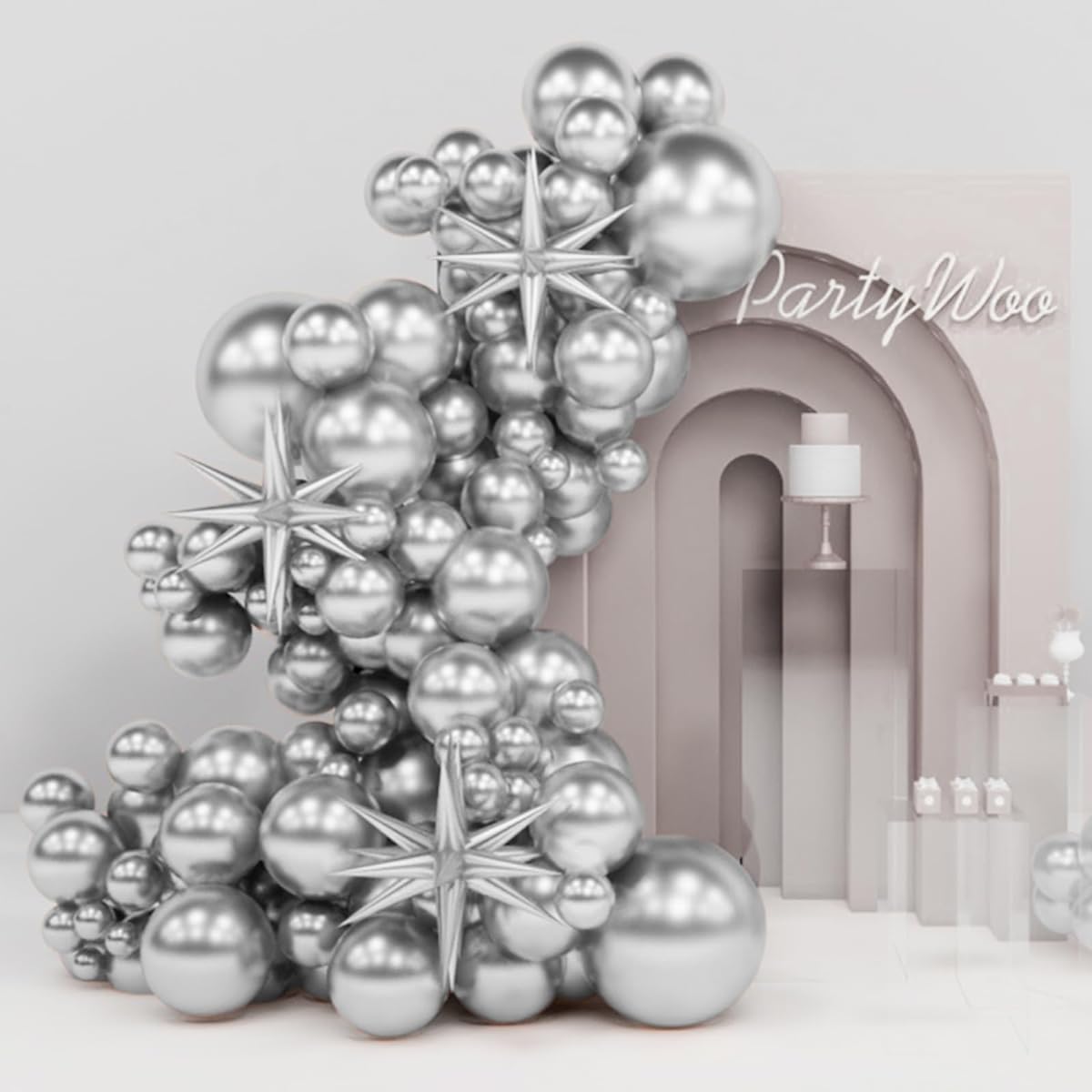 PartyWoo Metallic Silver Balloons 130pcs 22inch Star Balloons Silver Balloons Different Size Pack 18inch 12inch 10inch 5inch Balloon Garland Birthday Decorations Party Decorations