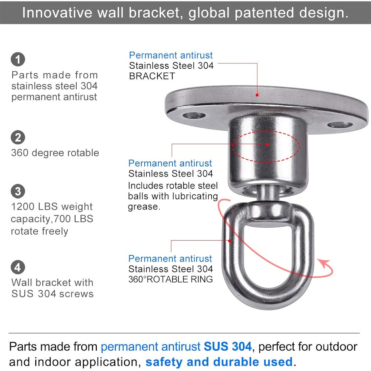 SELEWARE Silent Ball Bearing Swing Hanger Heavy Duty 360° Rotating Swing Swivel Hook for Wooden Playground, Yoga Hammock, Chair Rope Punch Bag, Pouch Tire, Web Swing Set, 1200 Capacity