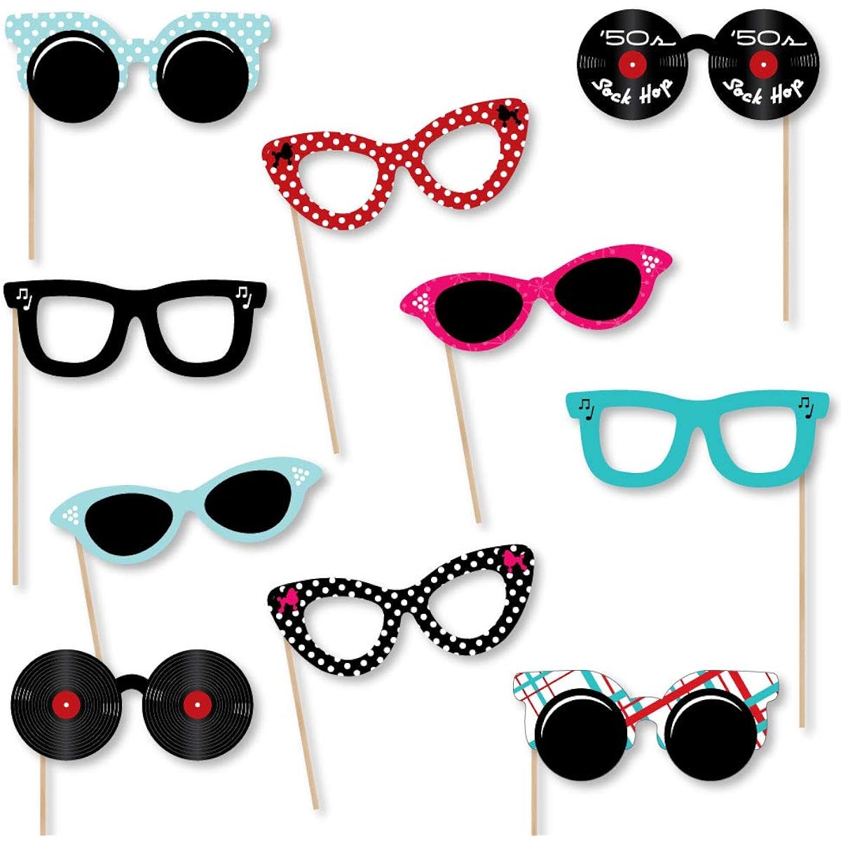 Big Dot of Happiness 50's Sock Hop Glasses - Paper Card Stock 1950s Rock n Roll Party Photo Booth Props Kit - 10 Pieces
