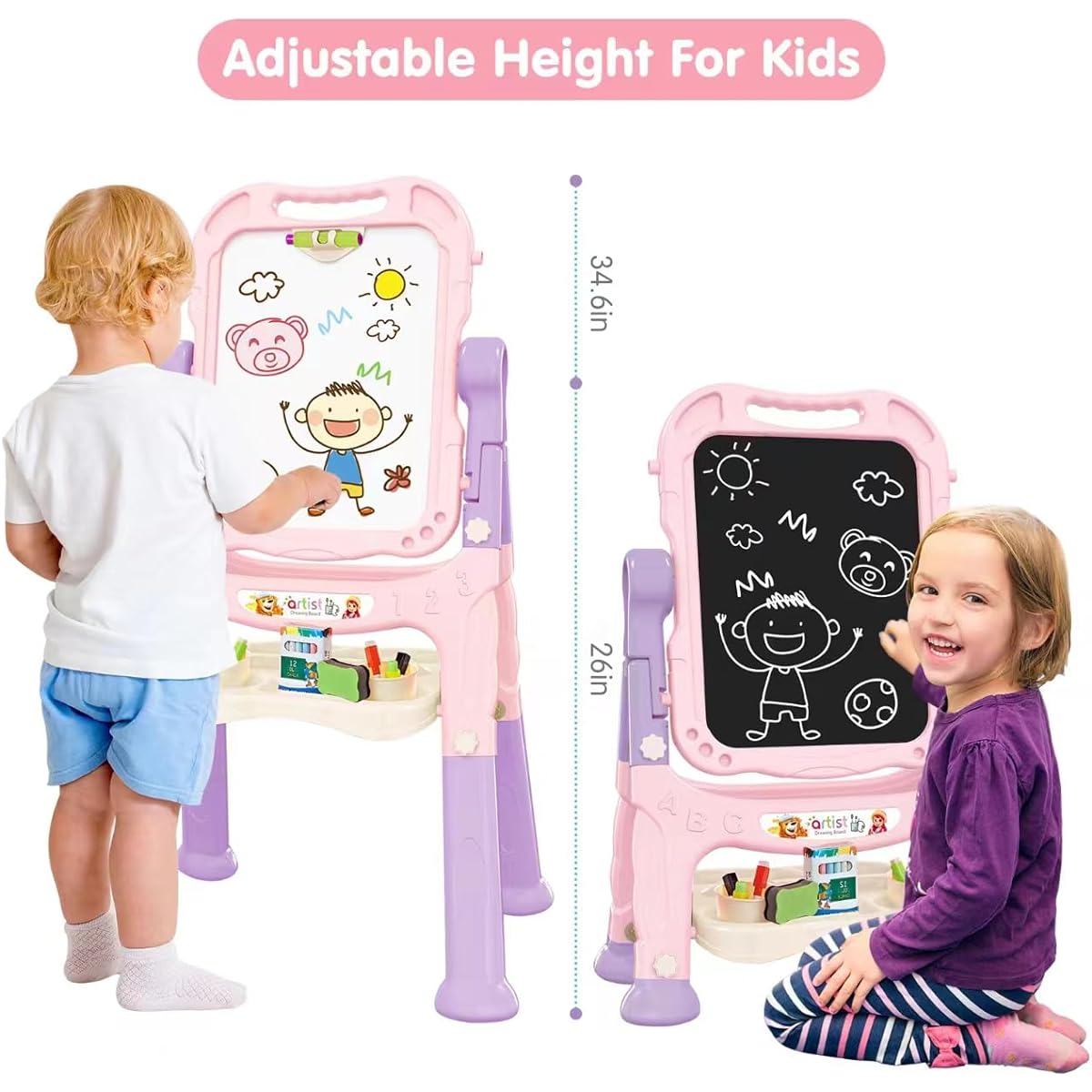 Amagoing Easel for Kids, Adjustable Standing Art Easel for Toddlers, Double Magnetic Drawing Board with Painting Accessories, Birthday Christmas Gift for Little Boys and Girls, Medium Size, Pink