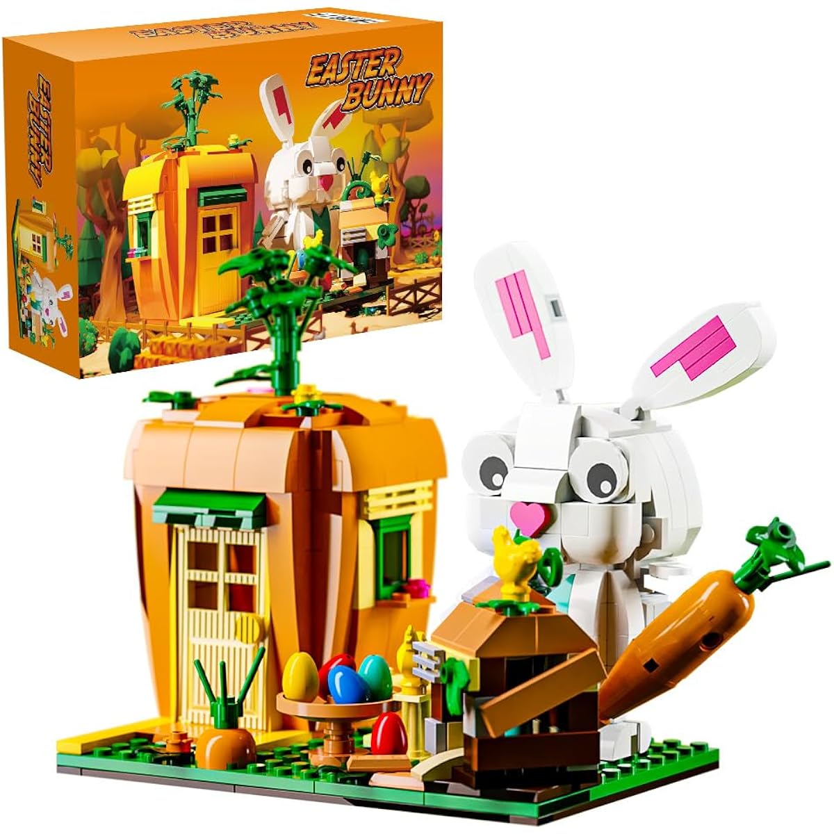RiceBlock Easter Bunny Building Playset with Carrot House and Colorful Building Block Eggs, Easter Gift for Kids Ages 6+, 414 Pieces