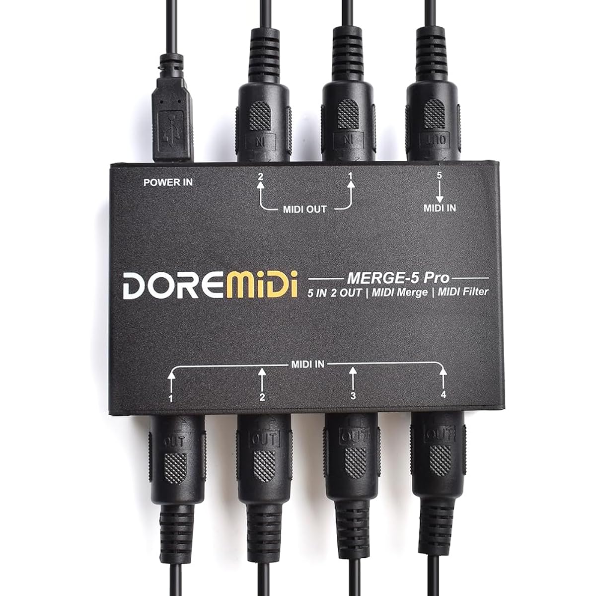 DOREMiDi MERGE-5 Pro can merge up to 5 MIDI input signals into one MIDI data stream, which can be directly output via 2 MIDI interfaces.