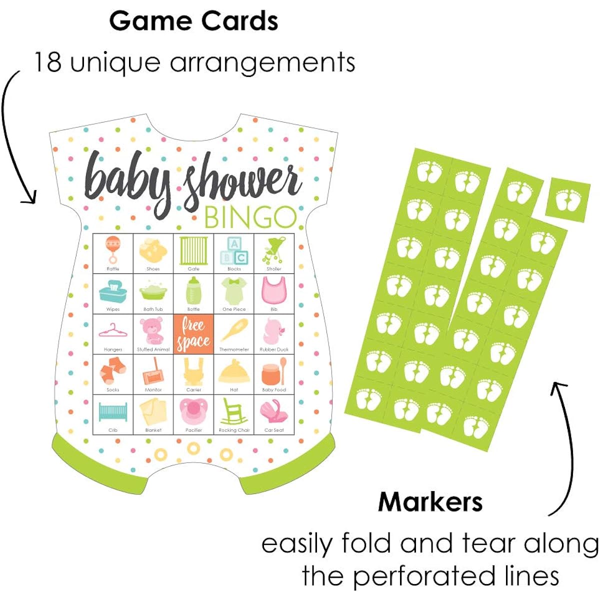 Big Dot of Happiness Baby Neutral Picture Bingo Cards and Markers Baby Shower Shape Bingo Game Set of 18