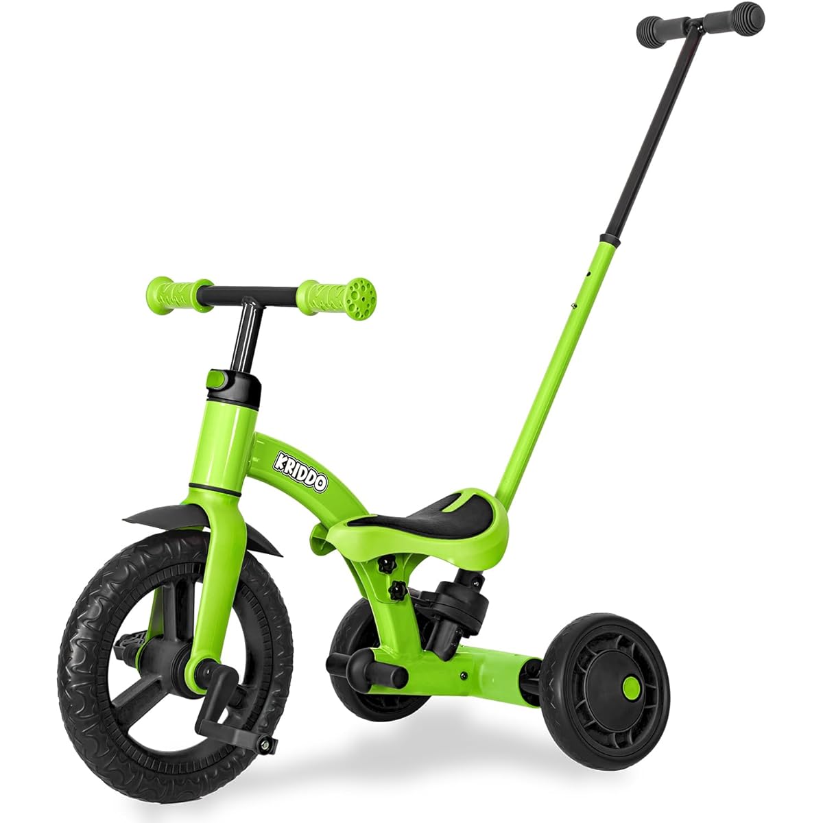 KRIDDO 4-in-1 Kids Tricycle for 1.5-3 Years Old with Parent Handle Push Handle, 12" Front Wheel Tricycle Toddler Balance Bike for Boys and Girls 18 Months to 3 Years, Adjustable Height, Green, Medium