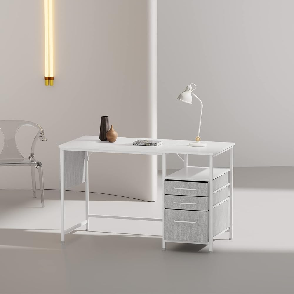 Maihail desk, PC desk, computer desk, home work desk, desk, width 120cm, desk with rack, width 120cm, desk with drawers, office desk, study desk, study desk, left and right interchangeable, telework desk, white