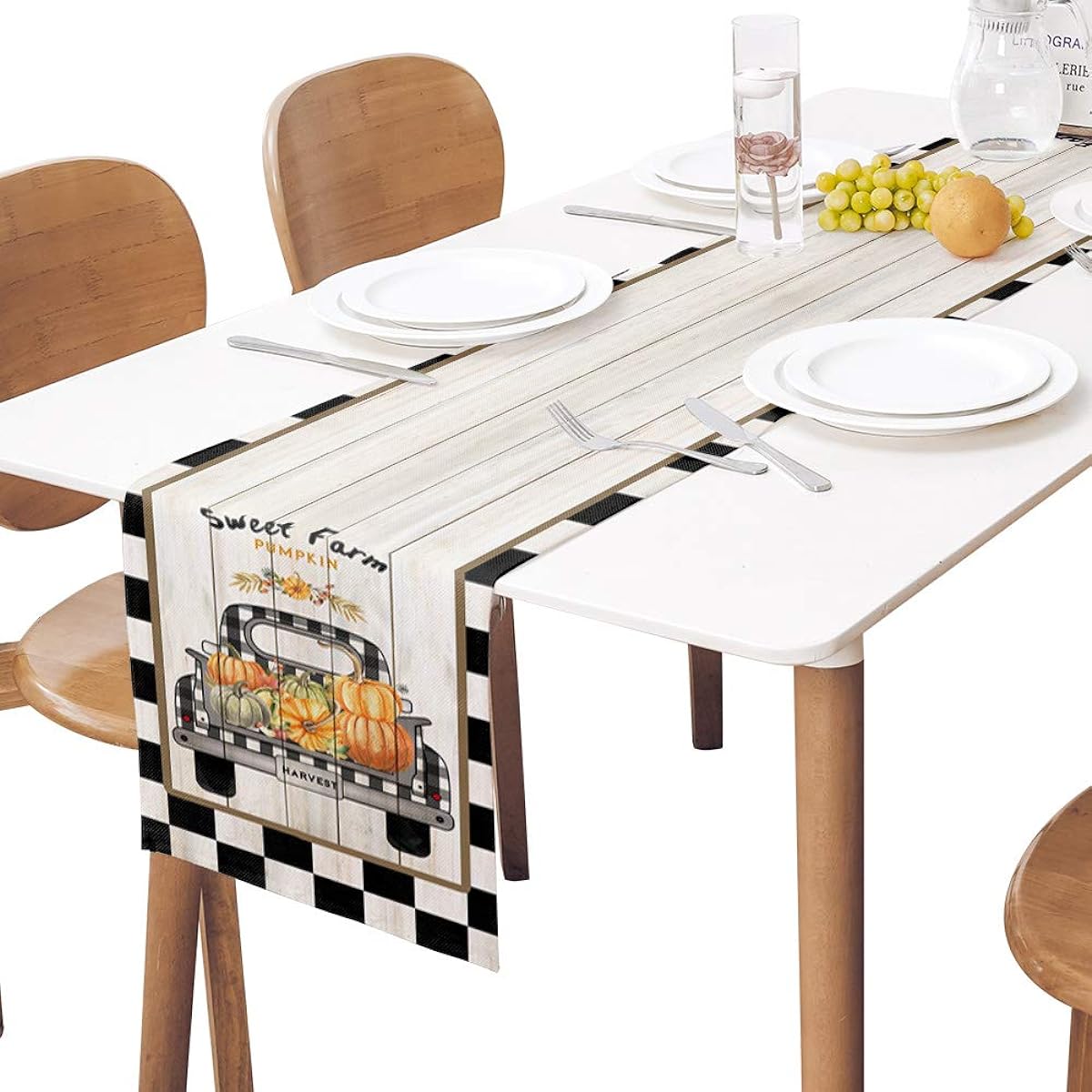 Fall Truck Table Runner Thanksgiving Dinner Scarf Decorative Black Buffalo Plaid Check Cotton Linen 72" Long Holiday Fall Harvest Dresser Scarf Pumpkin Theme Farmhouse Coffee/Dining Table Runner