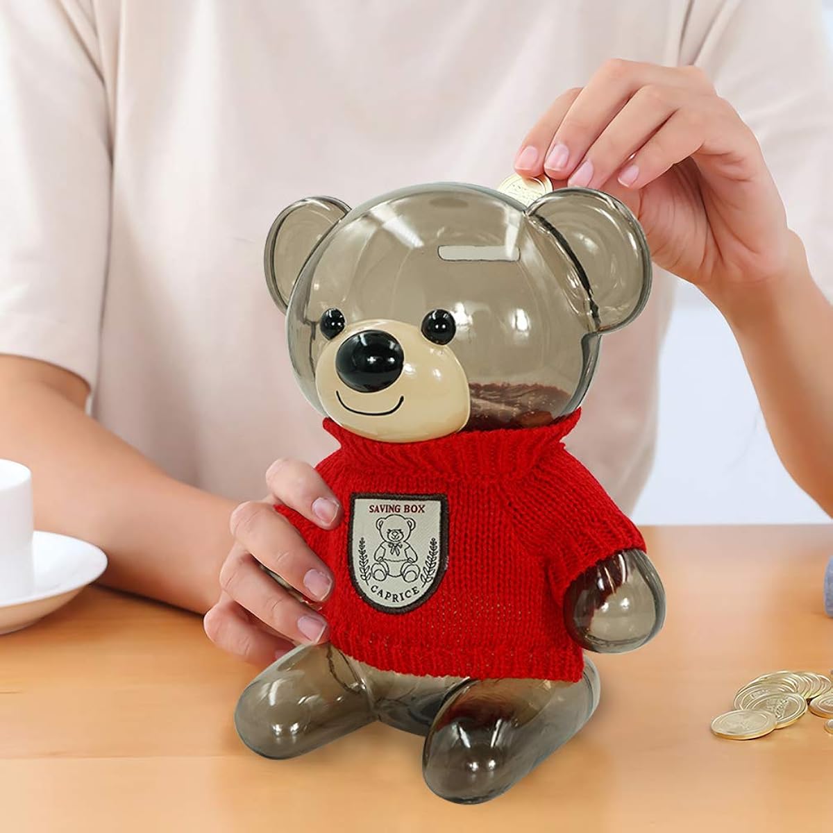 DreamsEden Cute Bear Piggy Bank Big Adorable Plastic Money Coin Box with Knitted Clothes Decoration (Opaque Storage Box, Beige)
