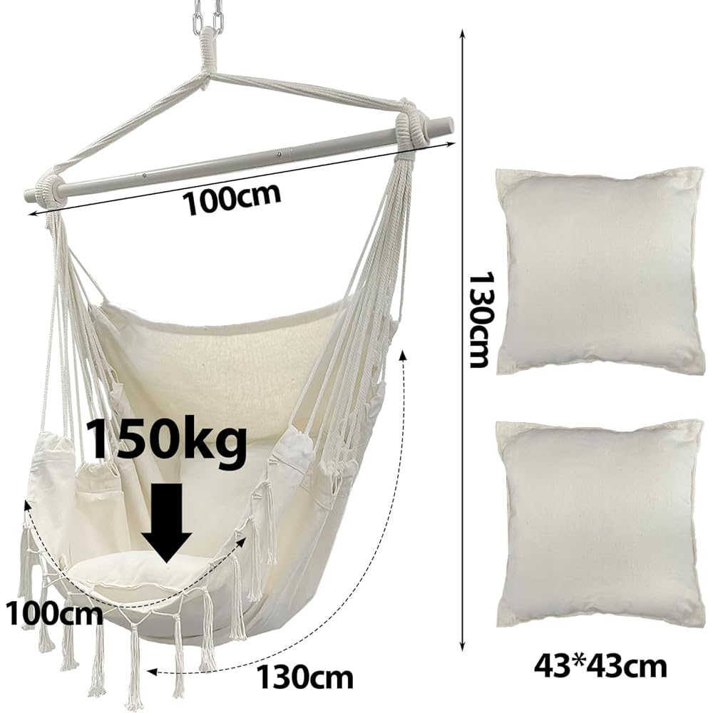 Socpuro Hammock Chair, Hanging Type, Indoor/Outdoor Hanging Chair, Cotton, Camping, Rope Chair, Outdoor Hanging Chair, Foldable Chair, Stylish, Interior, Chair Hammock, Courtyard/Porch/Garden/Bedroom/Backyard Chair, White (Hammock Chair)