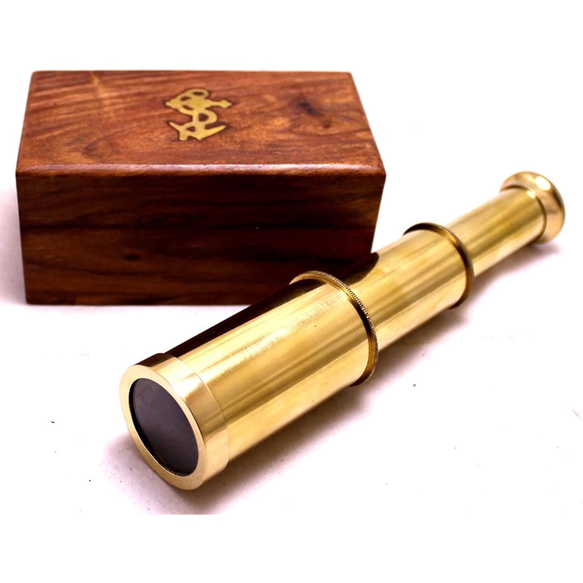 Captains 15cm Brass Handheld Mini Telescope with Wooden Box Nautical Collectibles