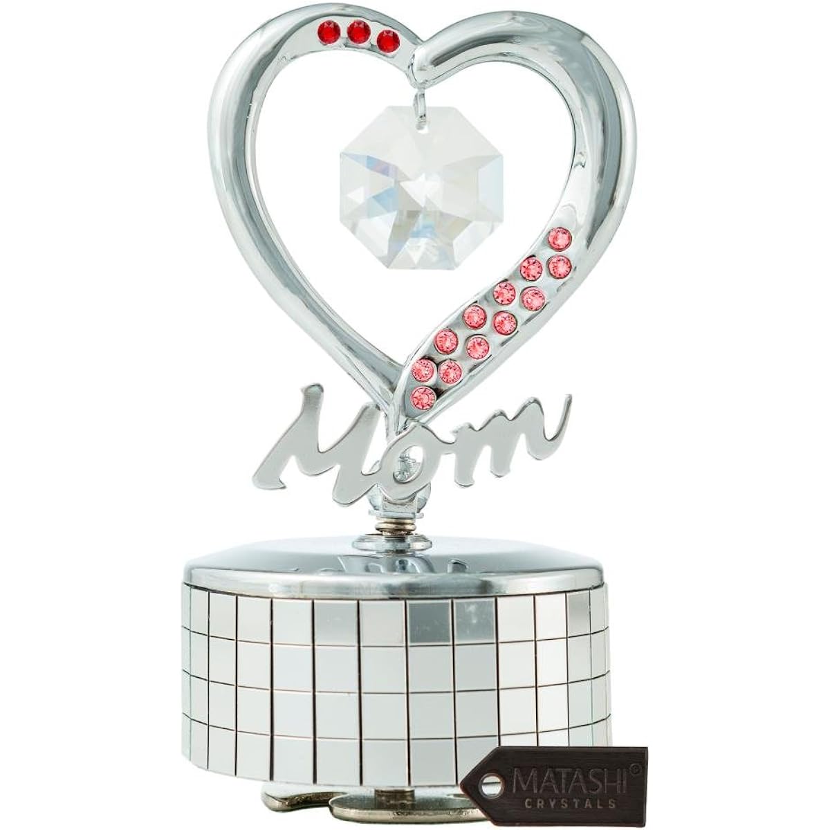 Chrome Plated Mom Heart Wind-Up Music Box Table Top Ornament with Crystals by Matashi- Amazing Grace