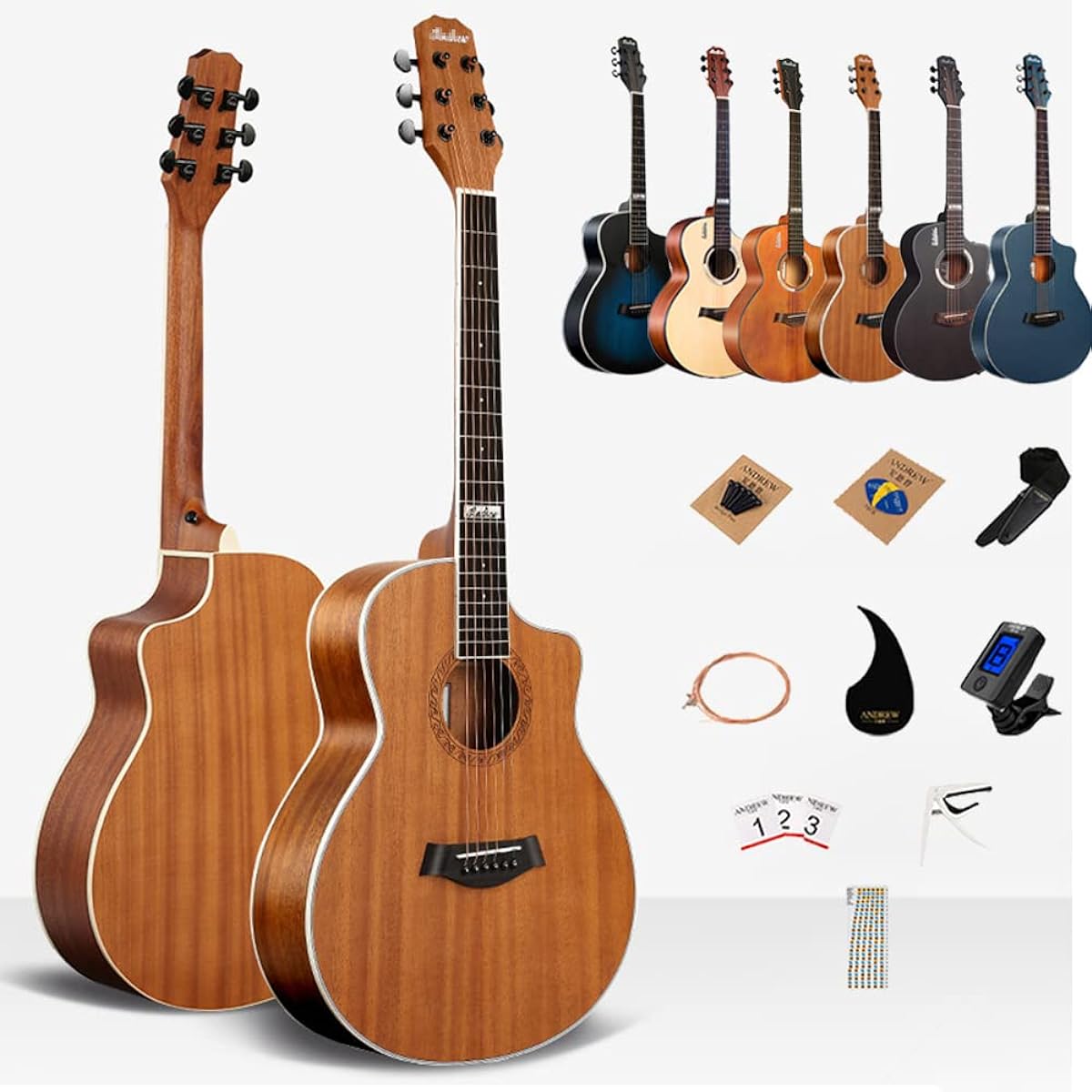 Acoustic Guitar Beginner 11 Piece Set Introductory Practice Guitar 38 Inch Cutaway Type Guitar Mahogany Wood Folk Guitar Set (Type6)