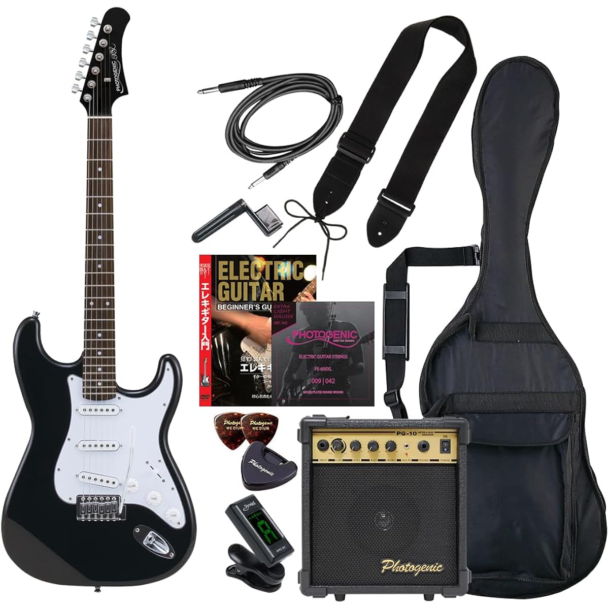 PhotoGenic Electric Guitar Beginner Entry Set ST Type ST-180/HBK Matching Head Black [Soft case/shield/amplifier/tuner/strap/pick/pick case/strings/winder/instructional DVD/adjustment wrench included]