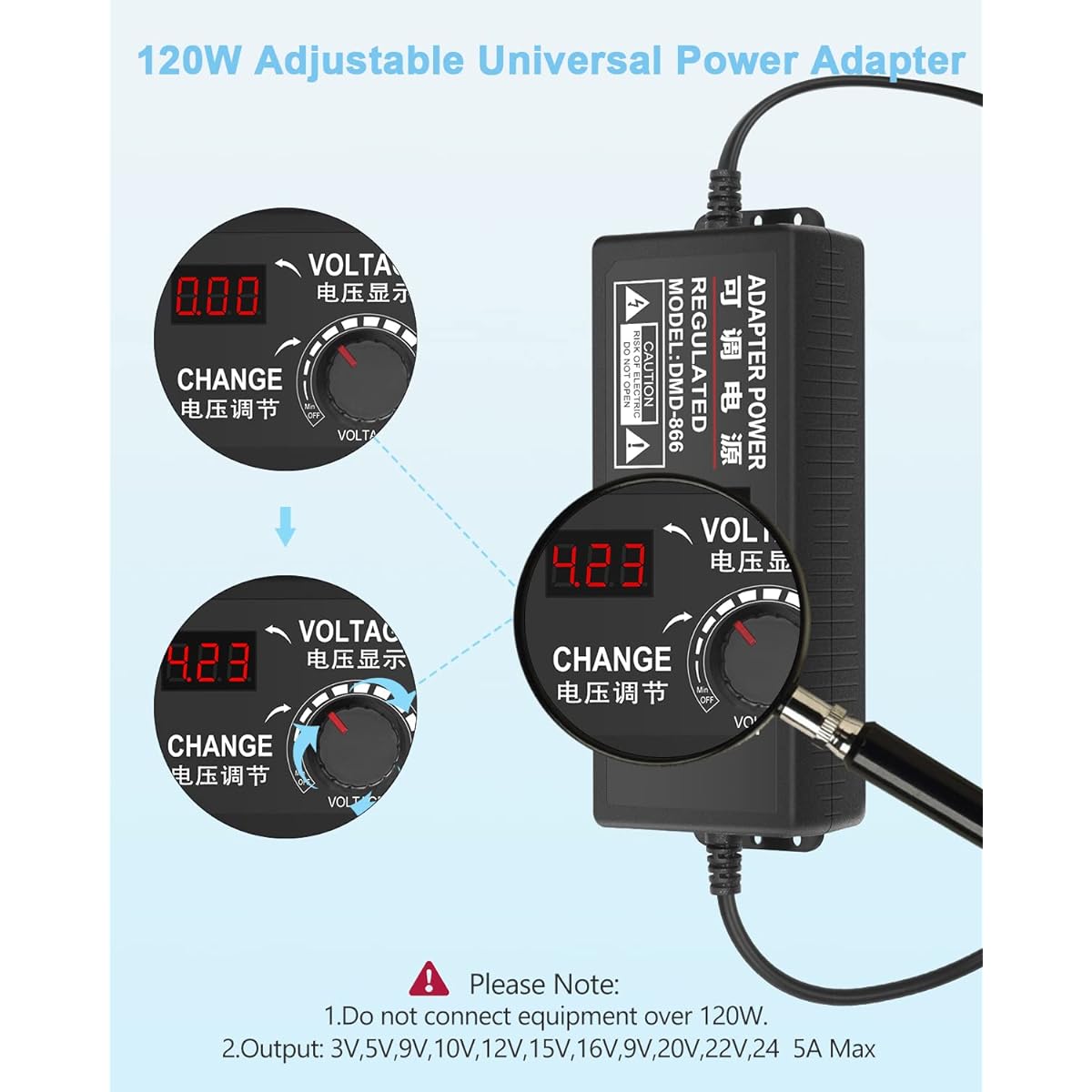 Aclorol Universal Power Supply 4V-24V 5A 120W Adjustable AC/DC Power Adapter 100-240V AC to DC 24V 19V 12V 5V 5V 9V 6V 5A 4A Multi-Voltage Variable Switching Converter with Polarity Converter & 14 Chips