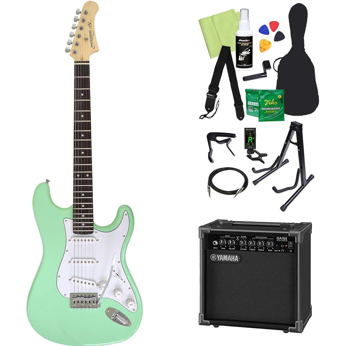 Photogenic ST-180 SFG Electric Guitar Beginner 14-piece Set [Includes GA15II] Stratocaster Type Surf Green Photogenic