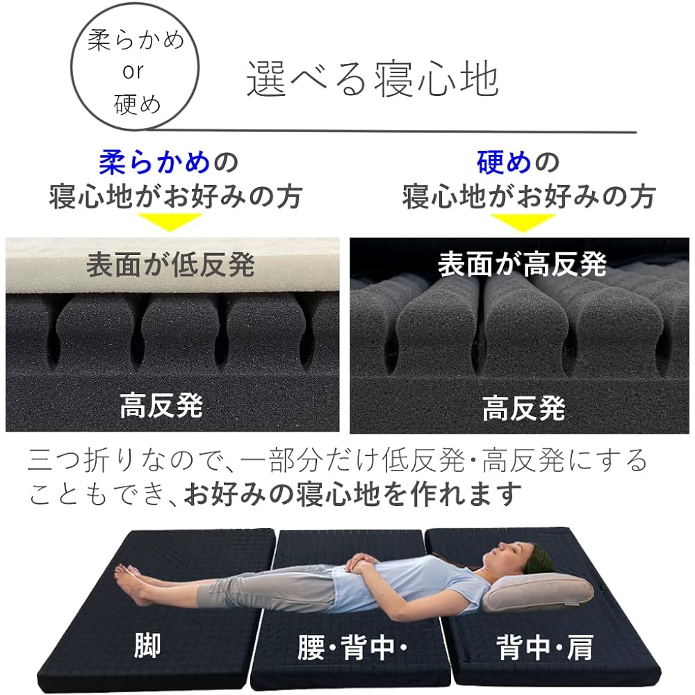 Relieve Sleep Mattress Single Size Tri-fold Folding High Resilience Memory Foam 2 Layer Structure Futon Thickness 9cm Washable Memory Foam Sheet Included Adjustable (97cm x 195cm) (Single)