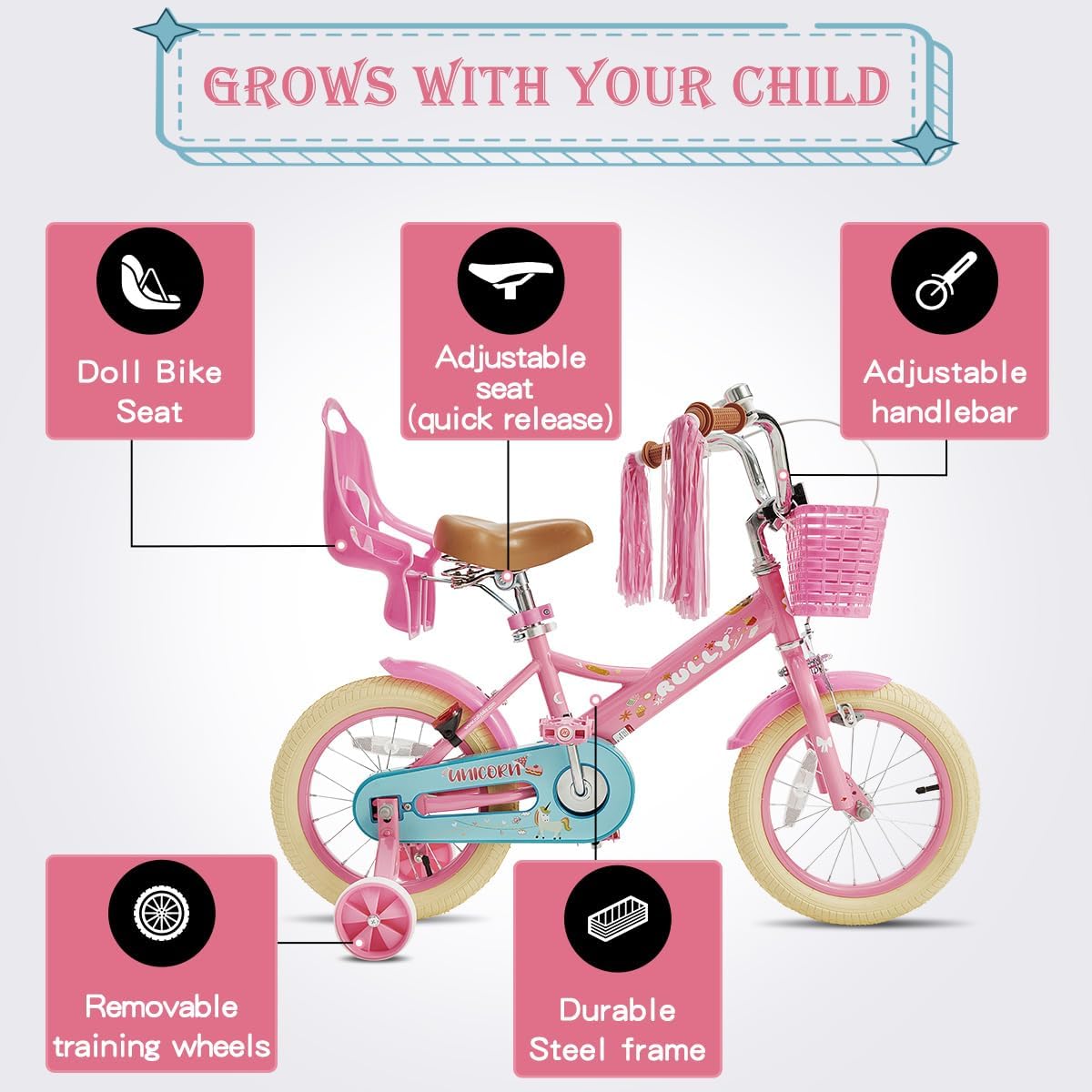 RULLY Kids Bike 12 14 16 Inch Bicycle for Girls 2-7 Years Old with Training Wheels Basket Bike Streamer for Toddlers Pink White