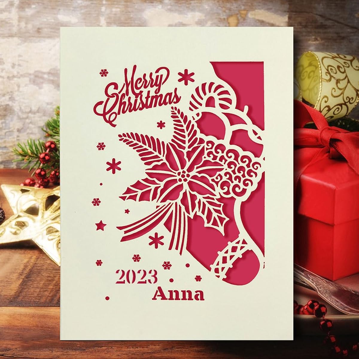 Merry Christmas Cards Laser Cut Christmas Greeting Cards for Kids/Adults with Envelopes Custom Gifts (Fuchsia)