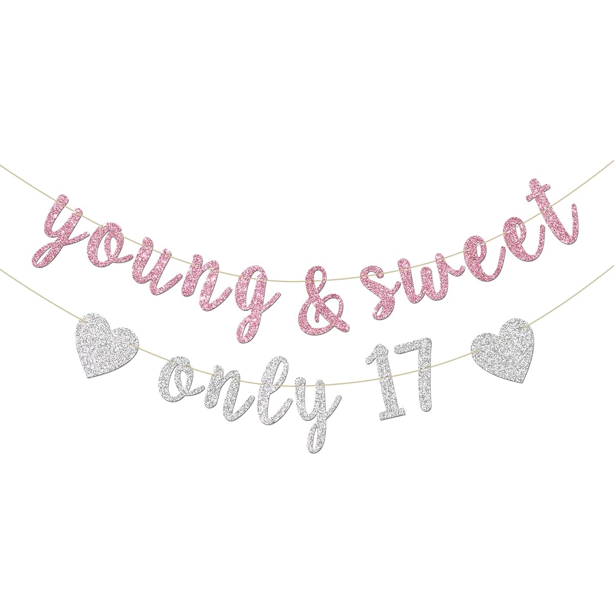 INNORU Young & Sweet Only 17 Banner - Happy 17th Birthday Party Decor for Girls - Cheers to 17th Party Decorations Supplies Pink & Silver Glitter