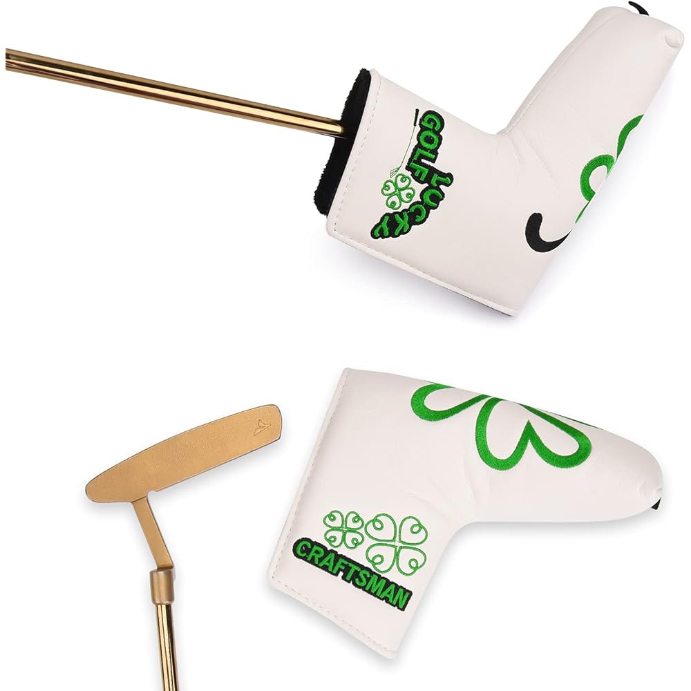 CRAFTSMAN Golf Putter Cover Pin Type Magnetic Closure Blade Type Clover Green Magnet Easy to Use White Synthetic Leather
