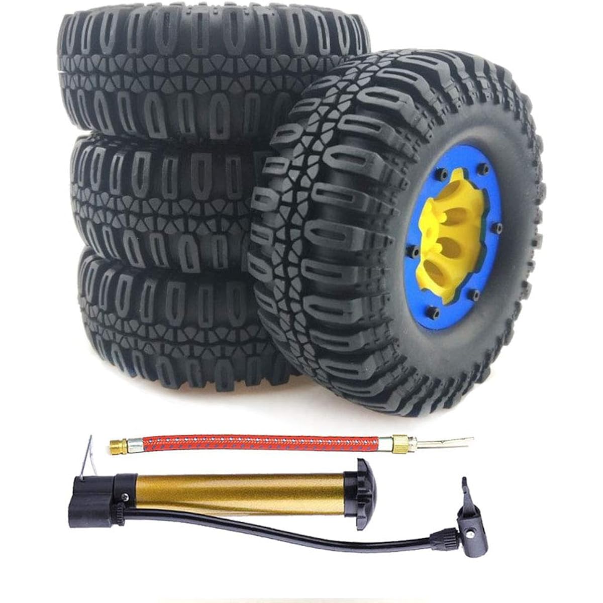 LAFEINA 108mm RC Crawler Tires and Wheels Set, 1.9" Beadlock Wheels & Inflatable Tires for 1/10 RC Crawler Axle SCX10 Tamiya CC01 D90 (Yellow & Blue)