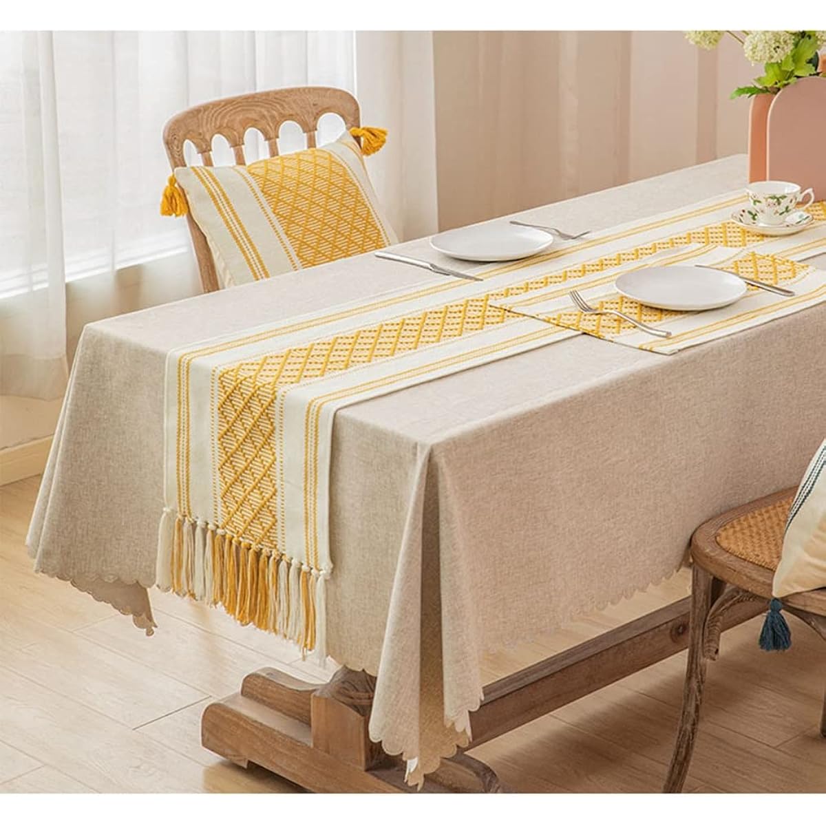elegant, tea flag, for restaurant, water-repellent, for hotel, interior, cotton linen, oil-resistant, classic, stain-resistant, table runner, cute tassel, 35*220cm, embroidery, table decoration, gift, tablecloth, anniversary, restaurant, rug, photography