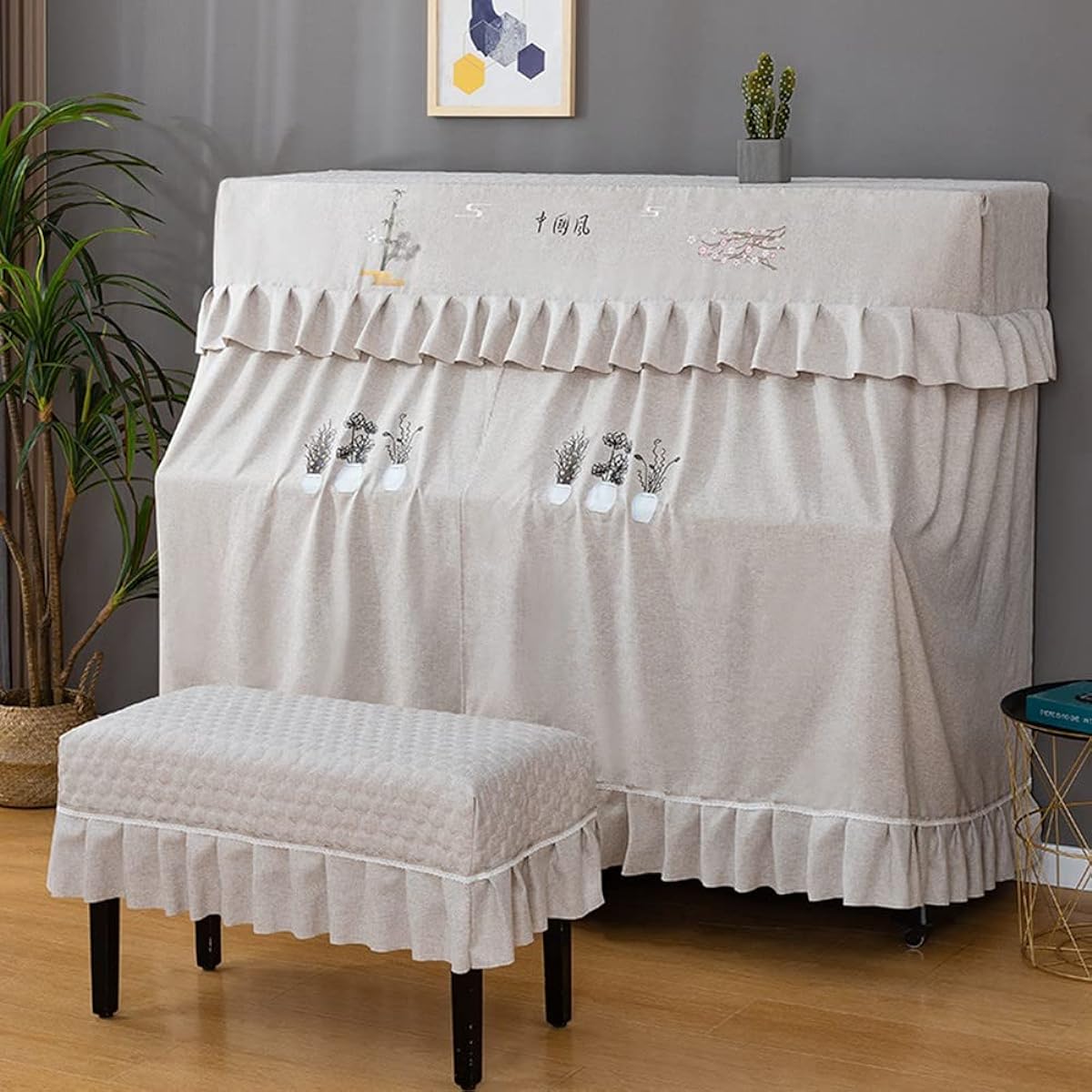 Upright Fabric Piano Cover Nordic Piano Cover Dust Cover Protects Your Piano From Aging Full Cover with Stool Cover (2,B)