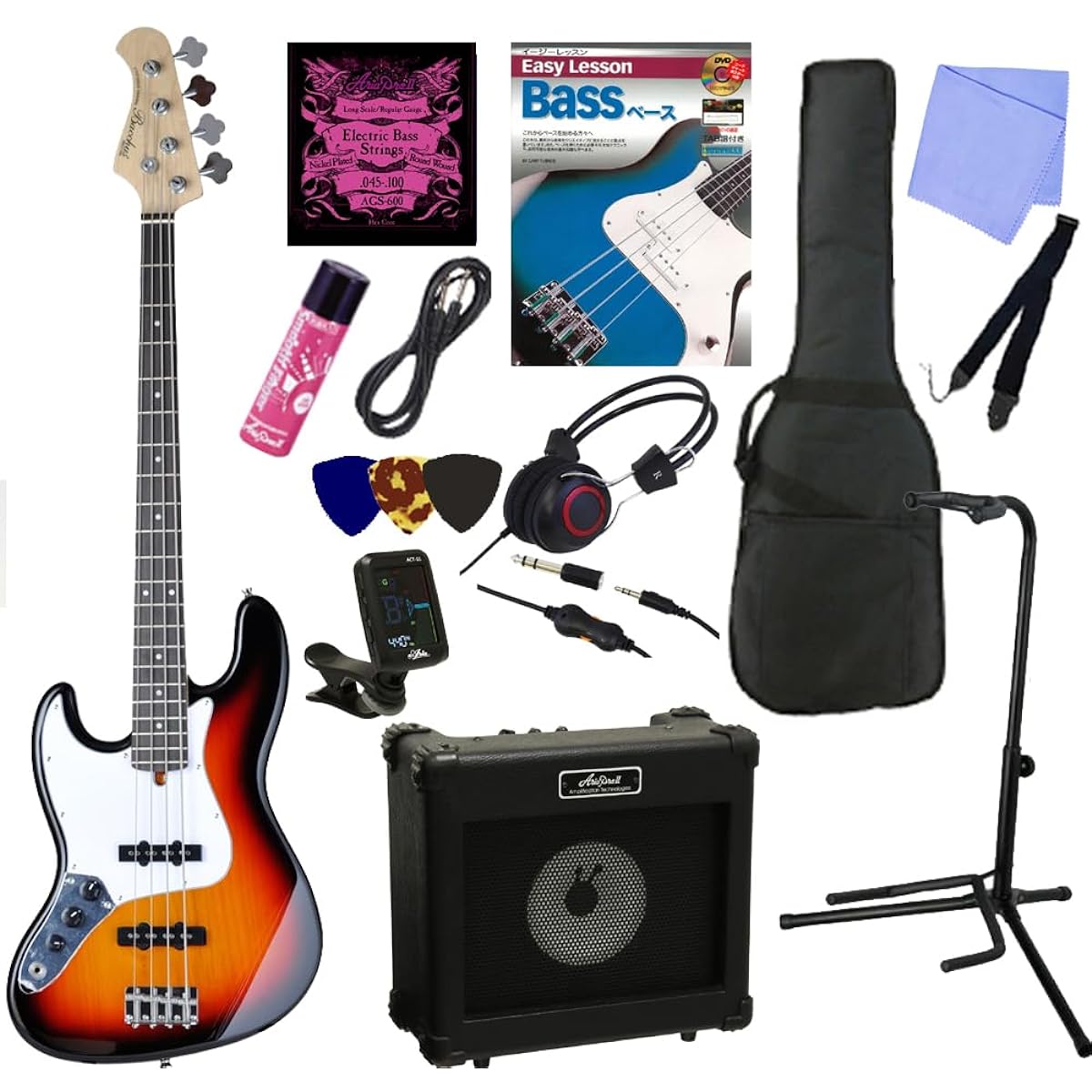 Left hand/Left-handed/Electric bass beginner's 13-piece set | Bacchus/BJB-1R-LH 3TS Bacchus/Jazz bass/Left hand/Perfect set that also includes an aria amplifier (3TS/3 tone sunburst)