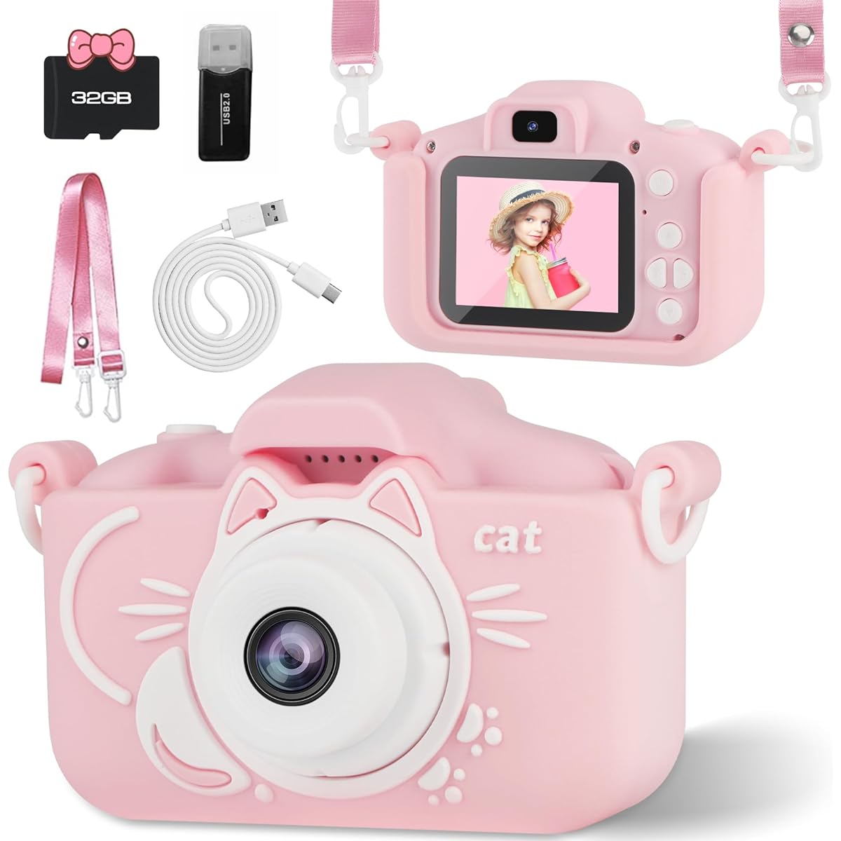 Kids Camera Toys for Boys and Girls Ages 6-12, Toddler Camera with Protective Silicone Cover, HD Digital Video Camera with Dual Lens 32GB SD Card, Christmas Birthday Gift for 6 7 8 9 10 11 12
