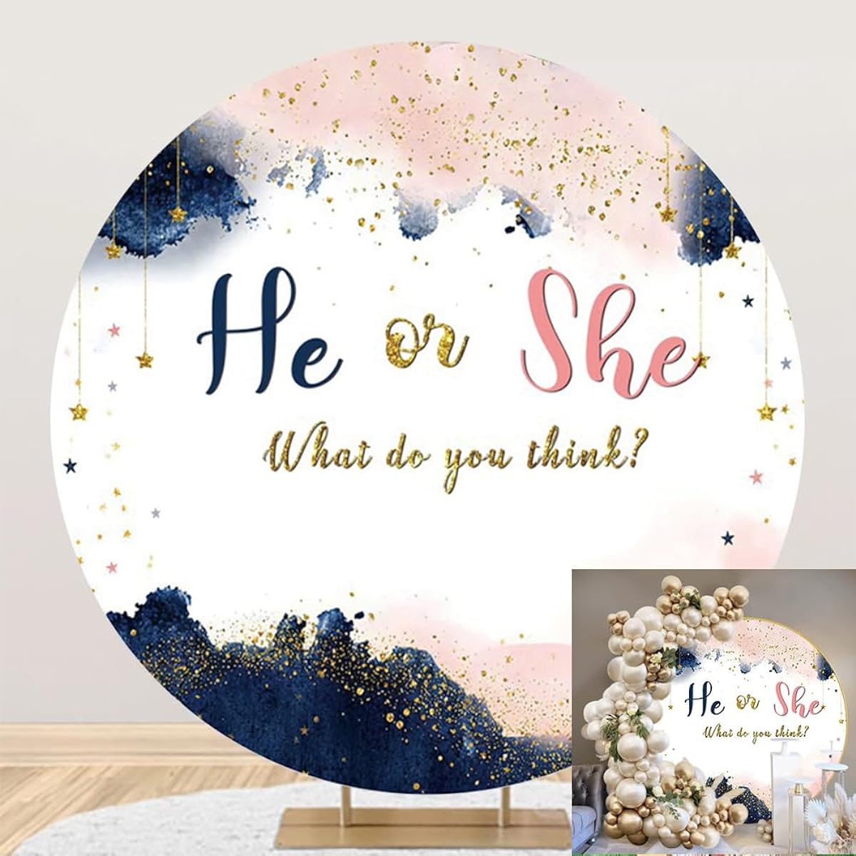 OERJU 6x6ft Navy and Blush Gender Reveal Round Backdrop Pink Blue Boy or Girl Him or Her Gold Star Sequin Photo Backdrop Baby Shower Pregnancy Reveal Surprise Party Decoration Banner